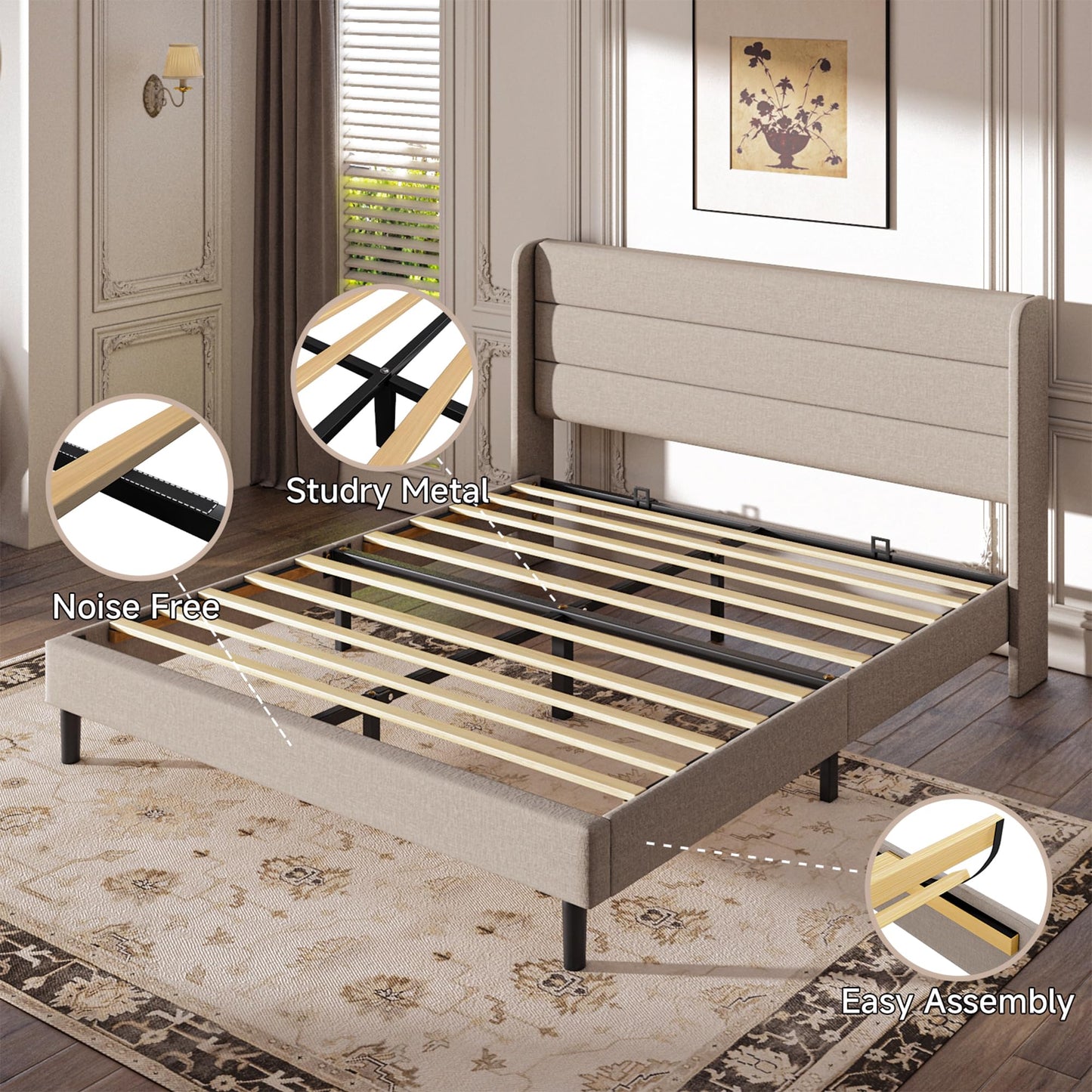 Mxhtcewz Queen Size Upholstered Platform Bed Frame, Modern Linen Fabric Bed with Wingback Headboard, Sturdy No Wobble, Noise-Free & Easy Assembly, No Box Spring Needed, Beige