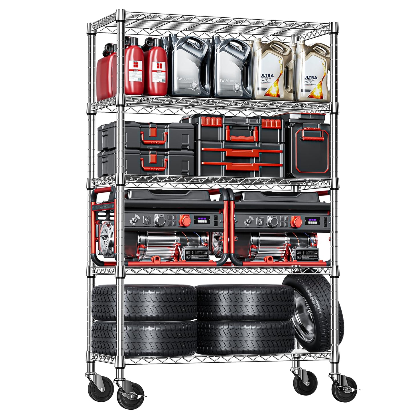 IZEUK 5-Tier Storage Shelving Unit with Wheels, Adjustable Heavy Duty Steel Wire Rack Organizer (Chrome, 17.7" D x 47.2" W x 76.7" H, 1750 lbs Capacity) for Garage, Kitchen, Pantry, Laundry, Basement