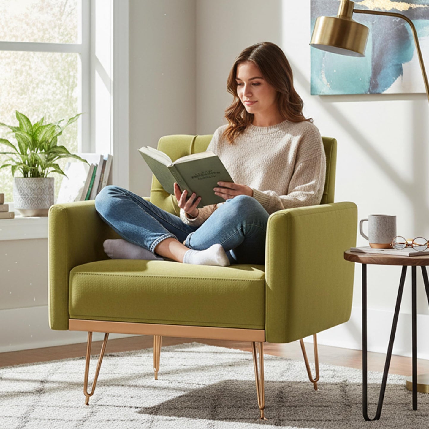 KEIKI Small Velvet Accent Chair, 31 Inch Modern Tufted Upholstered Armchair with Metal Leg, Comfortable Single Sofa Side Reading Chairs, Comfy Arm Chair for Bedroom Living Room, Easy Assembly, Green
