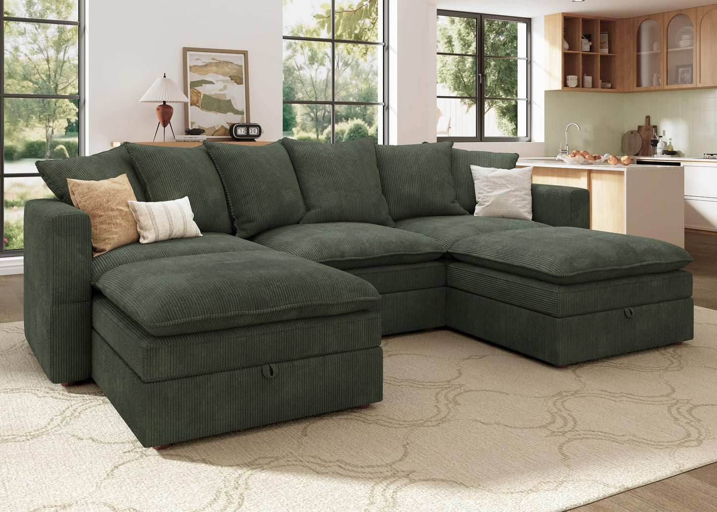 HONBAY Modular Sectional Sofa, 105.5 Inch Deep Seat U Shaped Couch with Storage & Adjustable Armrest Backrest, Green