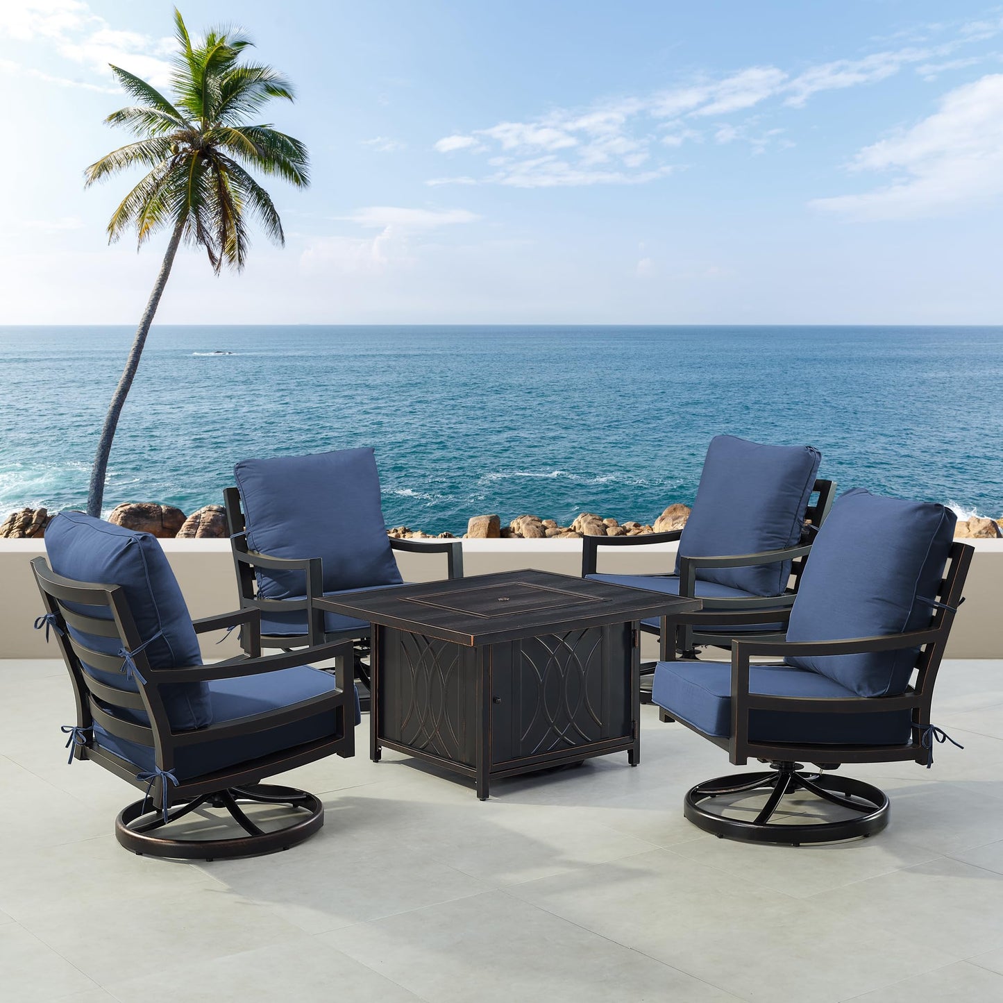 Oakland Living Black Aluminum Patio Fire Table Set with Four Club Chairs with Blue Cushions