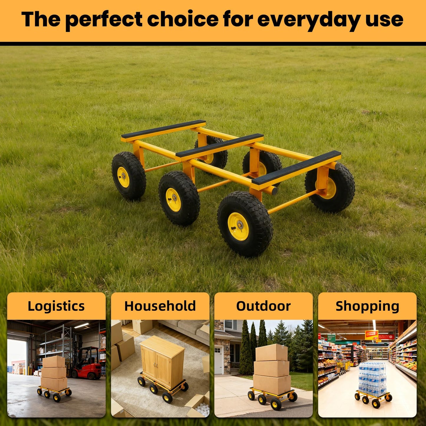 6 Wheel All Terrain Dolly, Heavy Duty Furniture Dolly 1300 Lbs Capacity, 10" Inflatable Tires Big Wheel Dolly, All Terrain Mover for Homes, Logistics, Warehouses, Shopping - 35.5" x 18" - Yellow