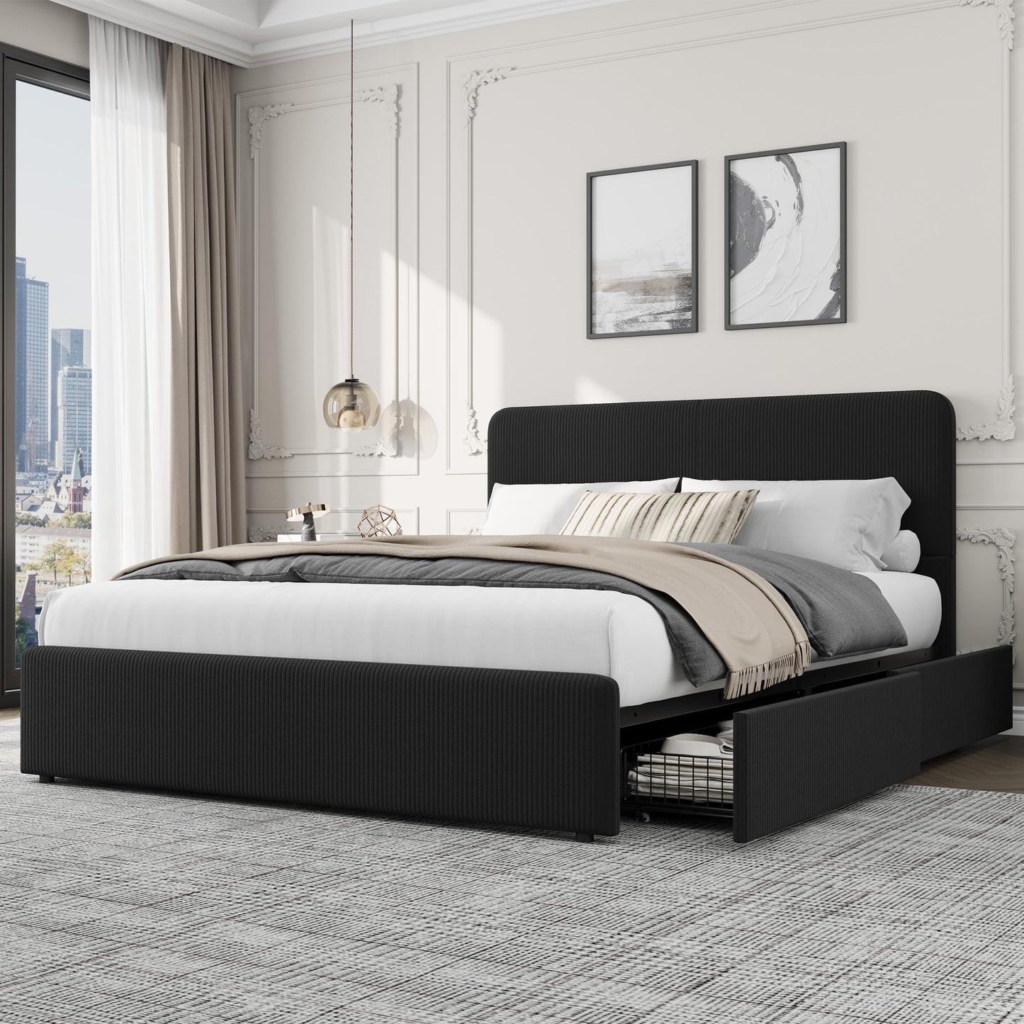 IDEALHOUSE Full Size Platform Bed Frame with Storage Drawers, Upholstered Bed, PU Leather, No Box Spring Needed, Easy Assembly, Modern Bedroom, Black
