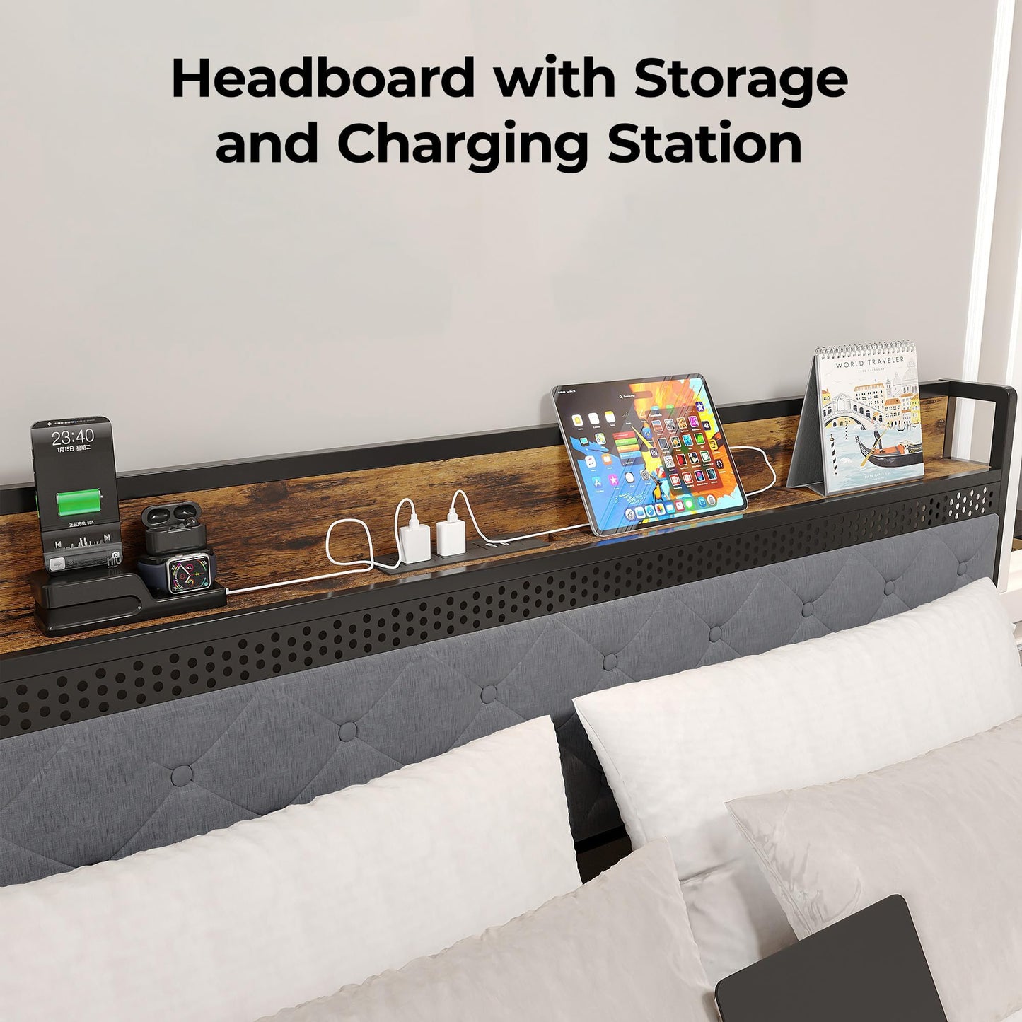 GarveeHome King Bed Frame with 2 Storage Drawers, LED Bed Frame with 2-Tier Storage Headboard&Charging Station, Metal Platform Bed Frame, No Box Spring Needed, Noise Free, Grey