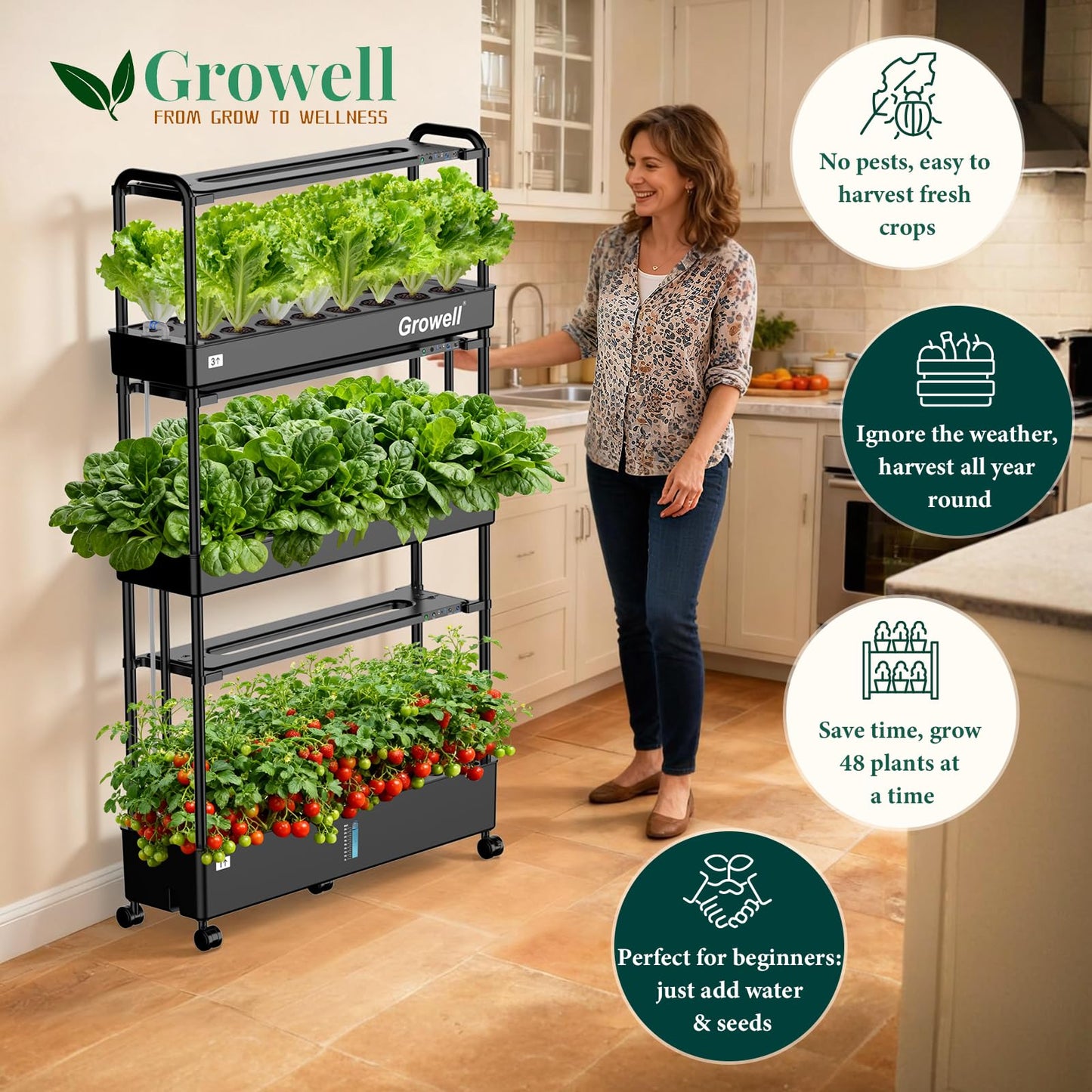 Growell Large Basket Hydroponics Growing System Kit, 48 Pods Vertical Hydroponic Garden with 2 Grow Light Modes, Auto Circulating Water System, 40L Indoor Gardening System for Herb Vegetable Fruit