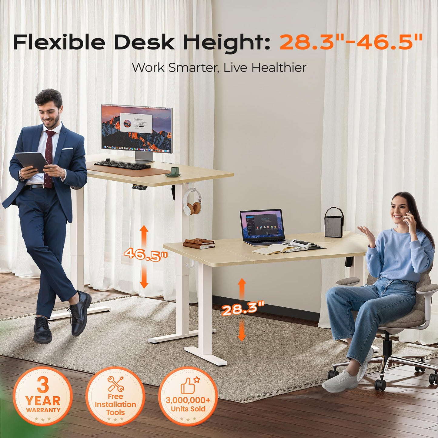 Huuger 55 x 28 Large Electric Standing Desk, Height Adjustable Desk, 27.6" Deep Desktop, Stand up Gaming Computer Office Desk with 2 Hooks, 3 Preset Heights, for Home Office, Maple