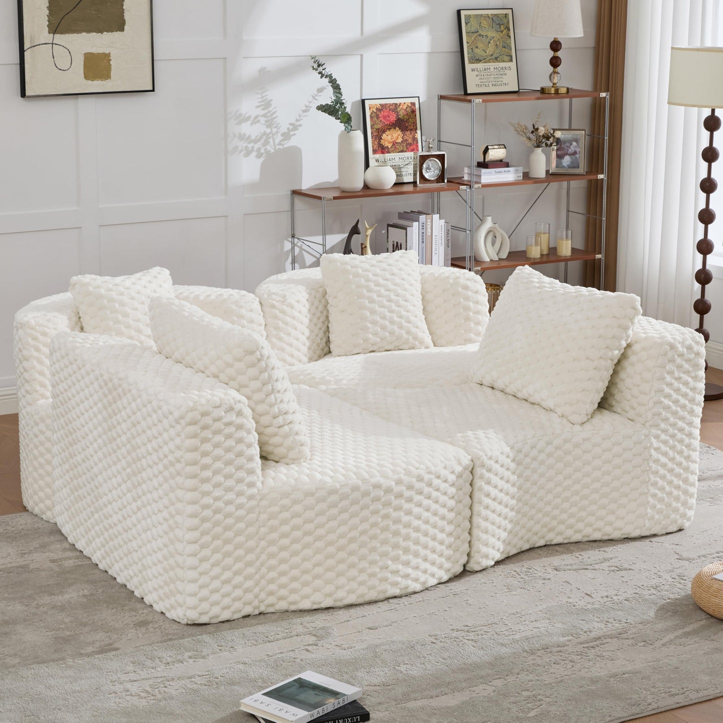 Merax 138" Curved Modular Sectional Sofa Set, Compressed 4 Seat Bubble-Velvet Boneless Sectional Couch Sofa with Deep Seat & Pillow, Comfy Cloud Soft Couches for Living Room, Easy Assembly, White