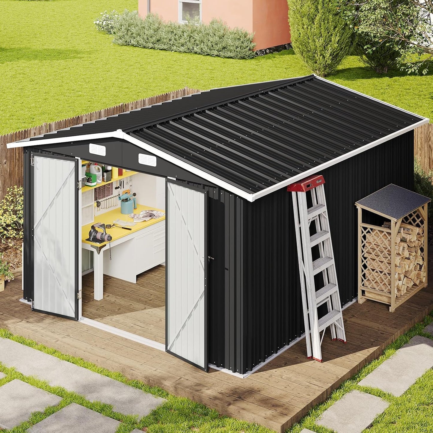 Aoxun 10 x 12FT Outdoor Storage Shed with Double Hinged Large Door Metal Sheds Outdoor Storage for Garden Utility Garden Shed with Lockable Door & Sloped Roof, Backyard, Patio and Backyard, Black