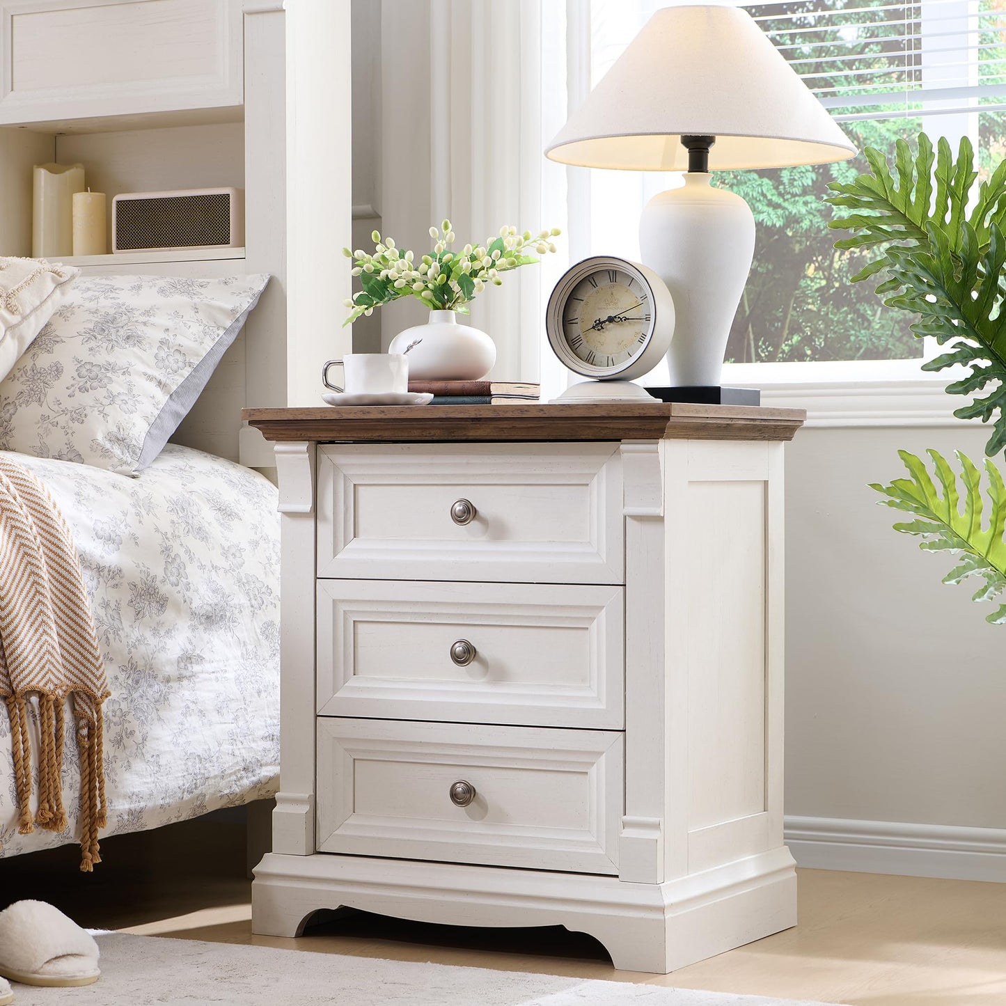 T4TREAM Farmhouse 26" Tall Nightstand with Charging Station, 23.6" End Table with 3 Drawers Storage, Wood Side Table w/Roman Column, Bedside Cabinet for Bedroom, Living Room, Antique White