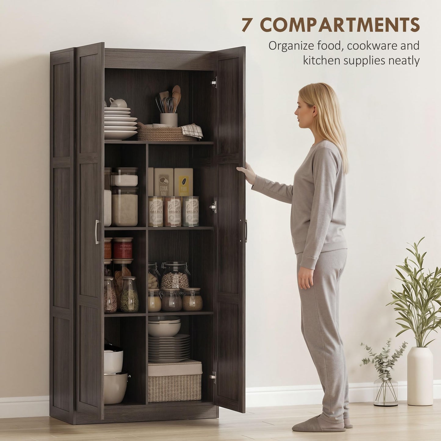 HOMCOM 71" Tall Kitchen Pantry Cabinet, Large Multipurpose Storage Cabinet with 4 Adjustable Shelves, Modern Farmhouse Freestanding Food Pantry with Framed Doors & Soft-Close Hinges, Espresso