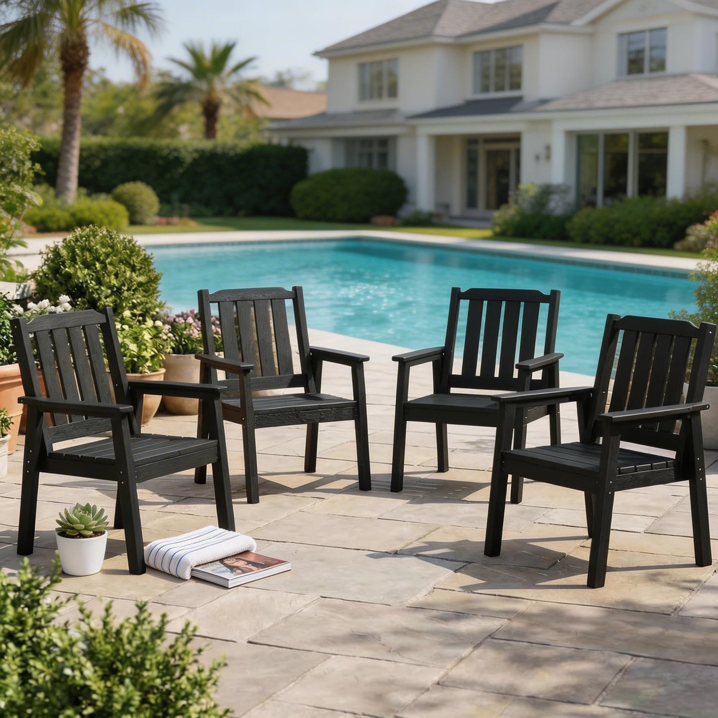 Outdoor Dining Chairs Set of 4, HDPE Patio Chairs 650LBS Capacity All-Weather Yard Armchair with Slatted Seat, 23.9" Wide Heavy Duty Modern Backyard Furniture for Garden, Poolside, Deck (Black)