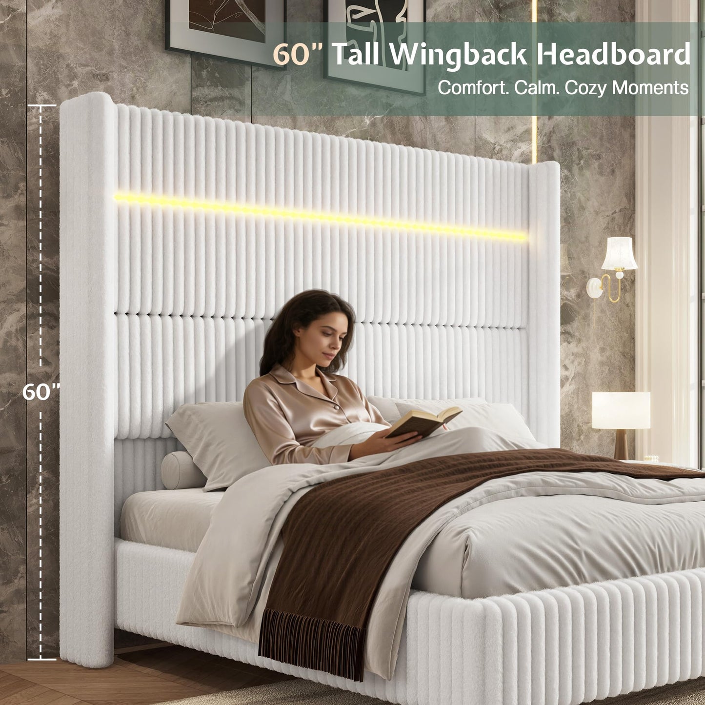 Jocisland King Faux-Fur Upholstered Bed Frame with 60" Wingback Headboard, Built-in LED/Charging, Noise-Free, Easy Assembly, No Box Spring, for Family with Kids/Pets & Luxury Bedroom, White