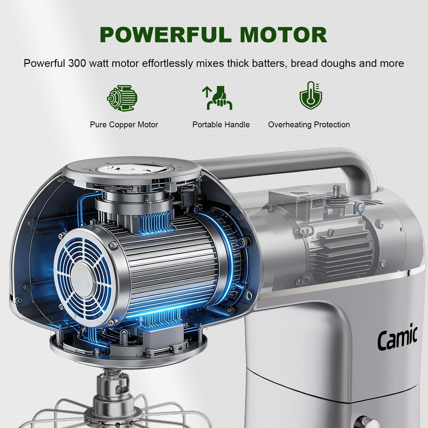 Camic Electric Stand Mixer,7.45 QT,10 Speeds with Dough Hook,Whisk, Flat Beater Attachments, Splash Guard, Easy-Carry Top Handle,3-IN-1 Kitchen Mixer for Baking Cakes Cookie Bread Salad (Silver)