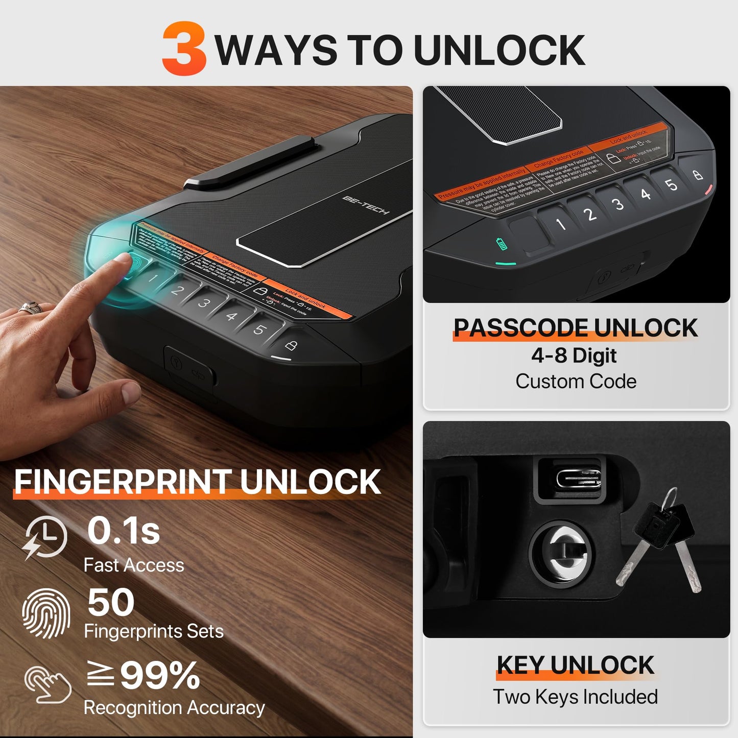 BE-TECH Portable Full-Size Biometric Gun Safe for Handgun,Weatherproof Quick Access Pistol Safe with Fingerprint Keypad,Handgun Case Lock Box with Steel Cable & Pluck Foam for Car, Nightstand,Travel