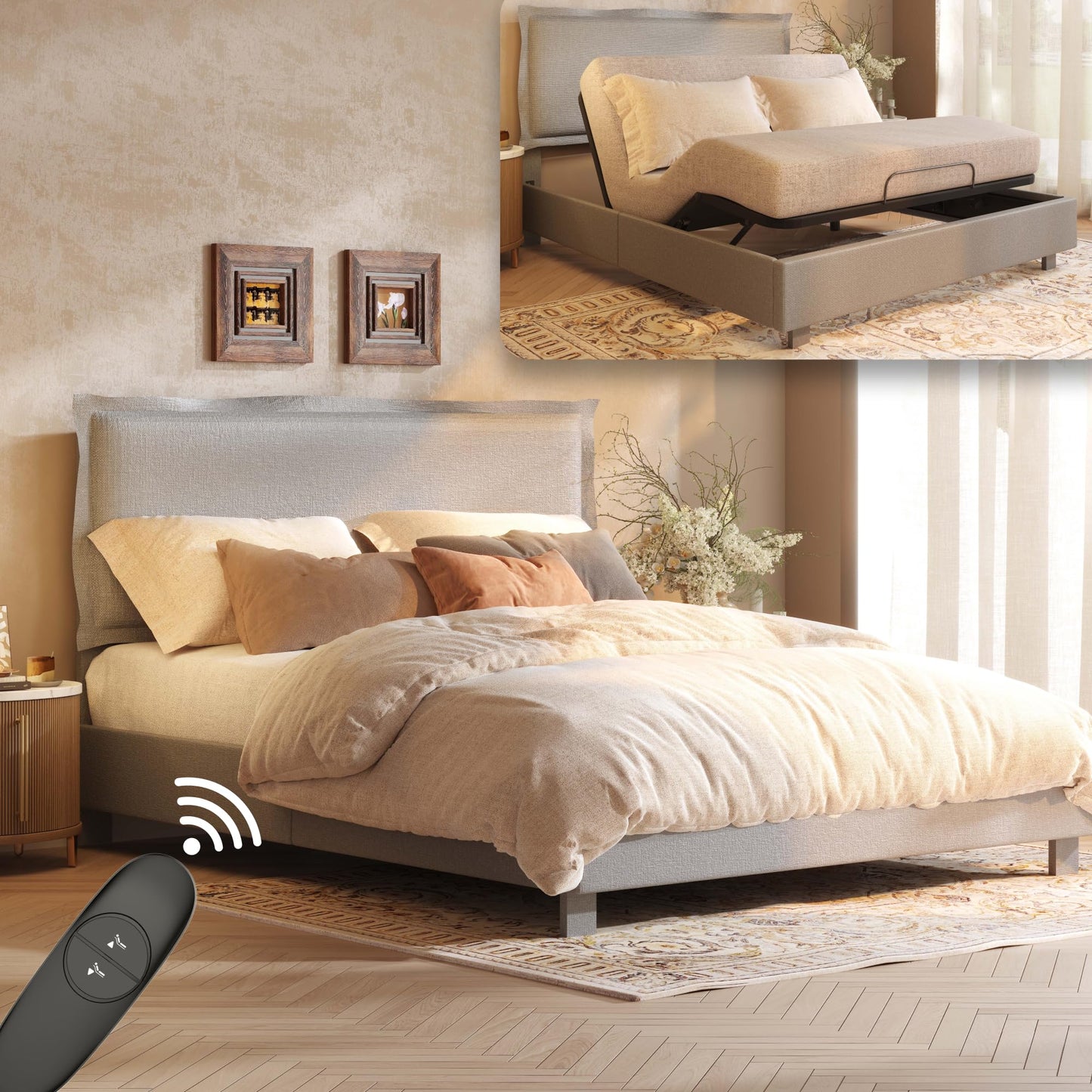 FLEXISPOT Queen Adjustable Bed Base with Upholstered Frame, Head & Foot Lift, 600 lbs Capacity, No Box Spring Needed, Minimalist Design, Light Grey, 5-Year Motor & 10-Year Warranty