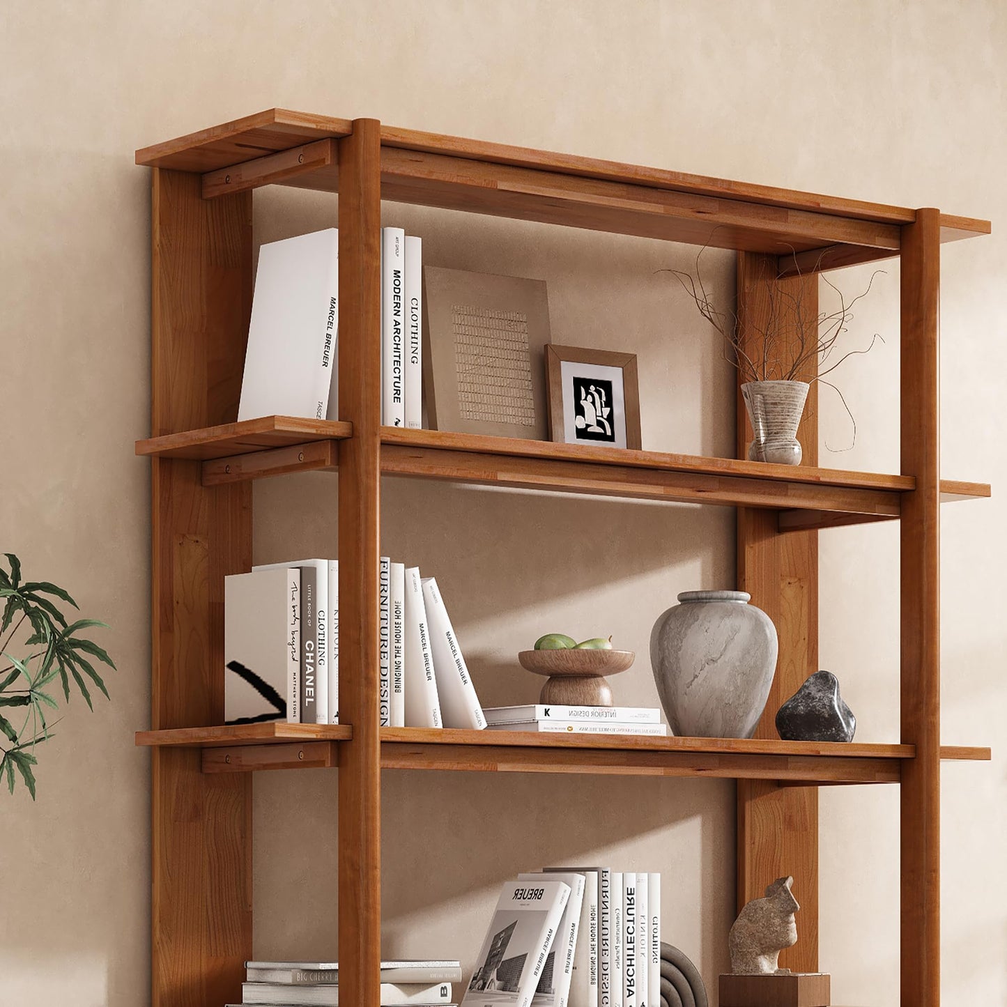 Merax 4 Shelf Bookcase H-70 L-53 Acacia Wood Open Bookshelf Teak Finish