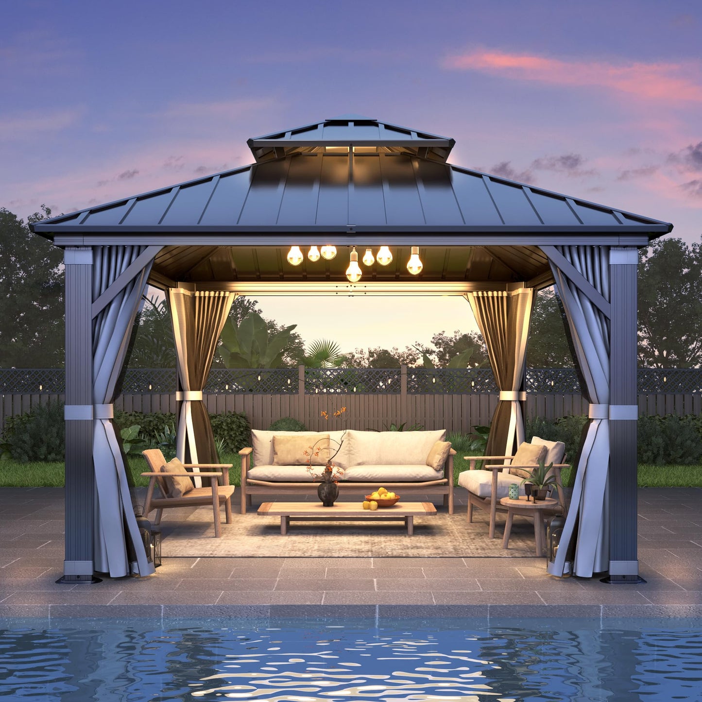 GARTOO 12'x12' Outdoor Hardtop Gazebo with Double Roof - Heavy-Duty Galvanized Steel Top Aluminum Frame Gazebo with Breathable Netting & Privacy Curtain for Patio, Porch, Garden, Lawn, Deck, Backyard