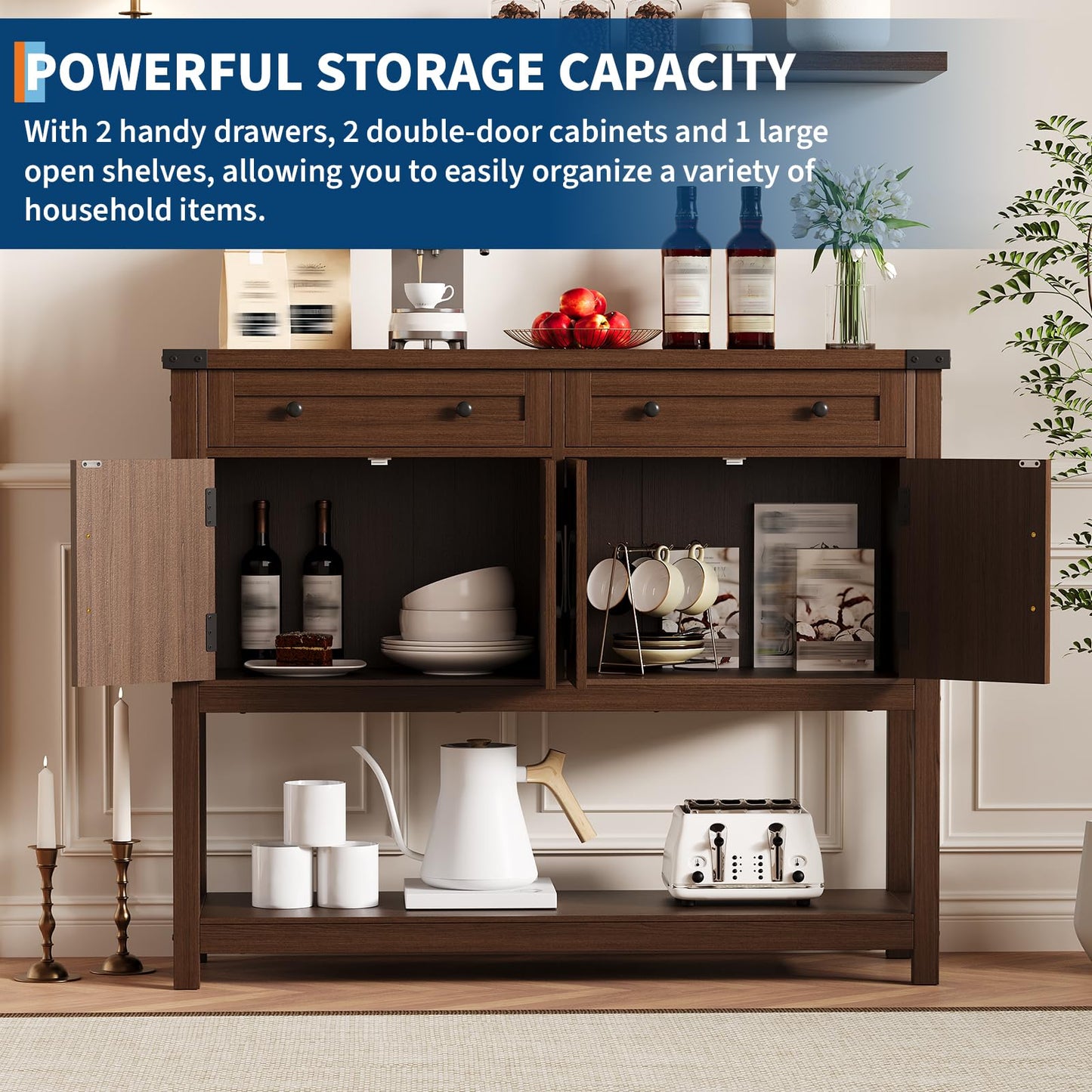 PeacefulHues 47.2inch Large Sideboard Buffet Cabinet, Farmhouse Coffee Bar Cupboard Cabinet Storage, Wood Console Table with 2 Drawers for Kitchen Dining Living Room Entryway, Brown