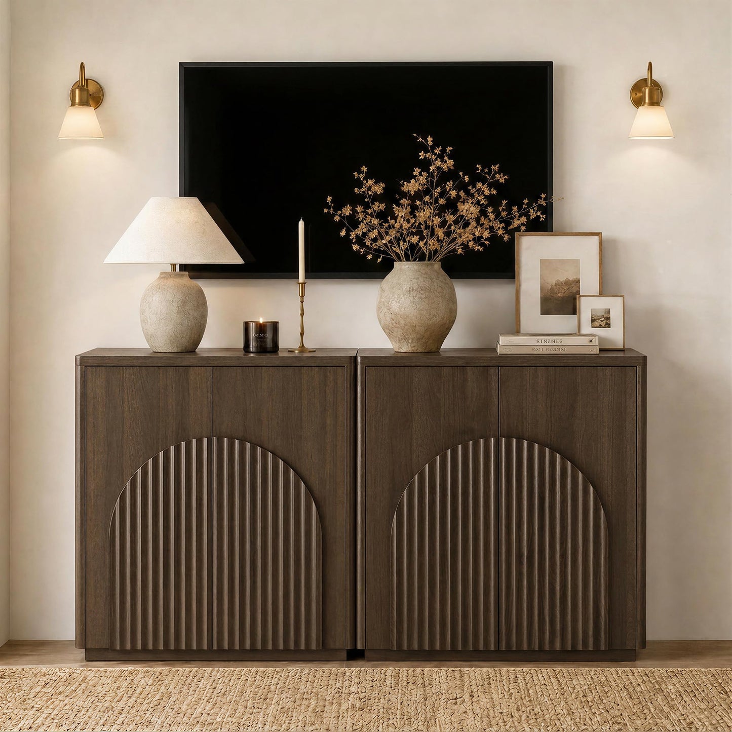 CHITA 2-Piece Modular TV Stand Set, 63 Inch Fluted Entertainment Cente, Modern Entertainment Center with Storage Cabinets & Adjustable Shelves, Media Console Table Cabinet for Living Room, Walnut