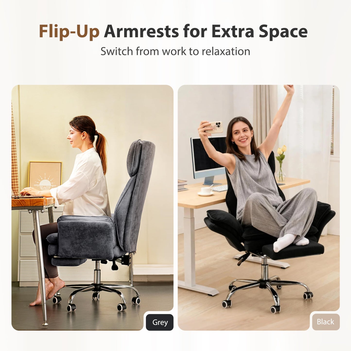 Big and Tall Office Chair, Flip Armrests for Pets & Cross Legged Sitting, Executive Ergonomic Computer Gaming Chair with Foot Rest, Crystal Velvet Wide Seat Reclining Desk Chair