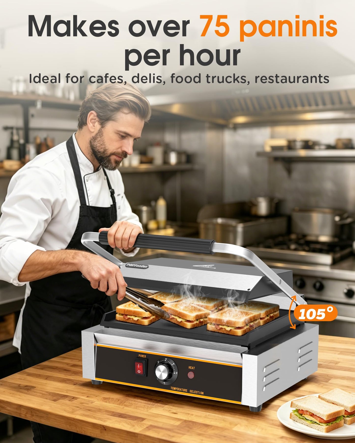 Popfoodex Commercial Panini Press - 2200W Electric Panini Sandwich Grill w/Nonstick Coating & Adjustable Temp, Stainless Steel, Panini Grill Press w/14"x9" Cooking Pan (Full Flat),Double-sided Heating