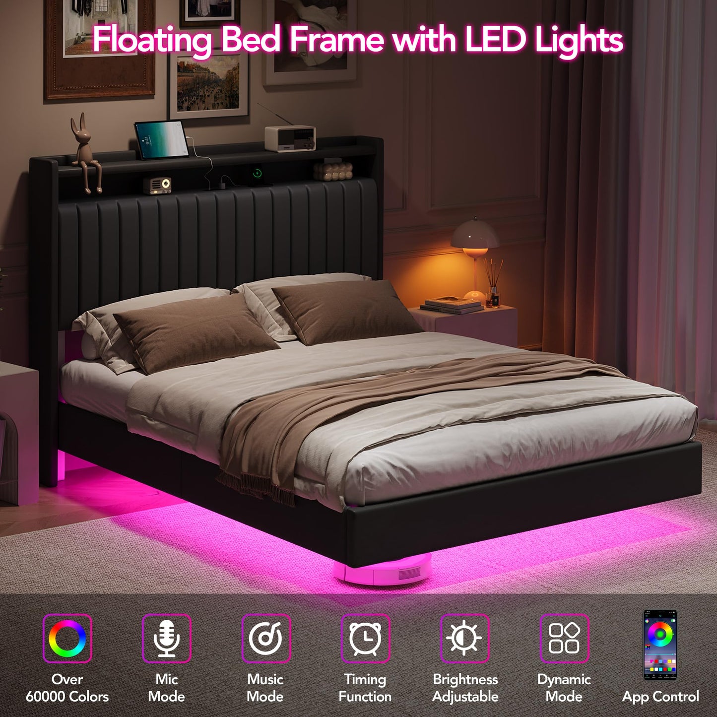 Queen Floating Bed Frame with LED Lights & Charging Station, Upholstered Leather Platform Bed Frame with Headboard, 50" Tall Floating Bed with Stable Structure, No Box Spring Needed,Black