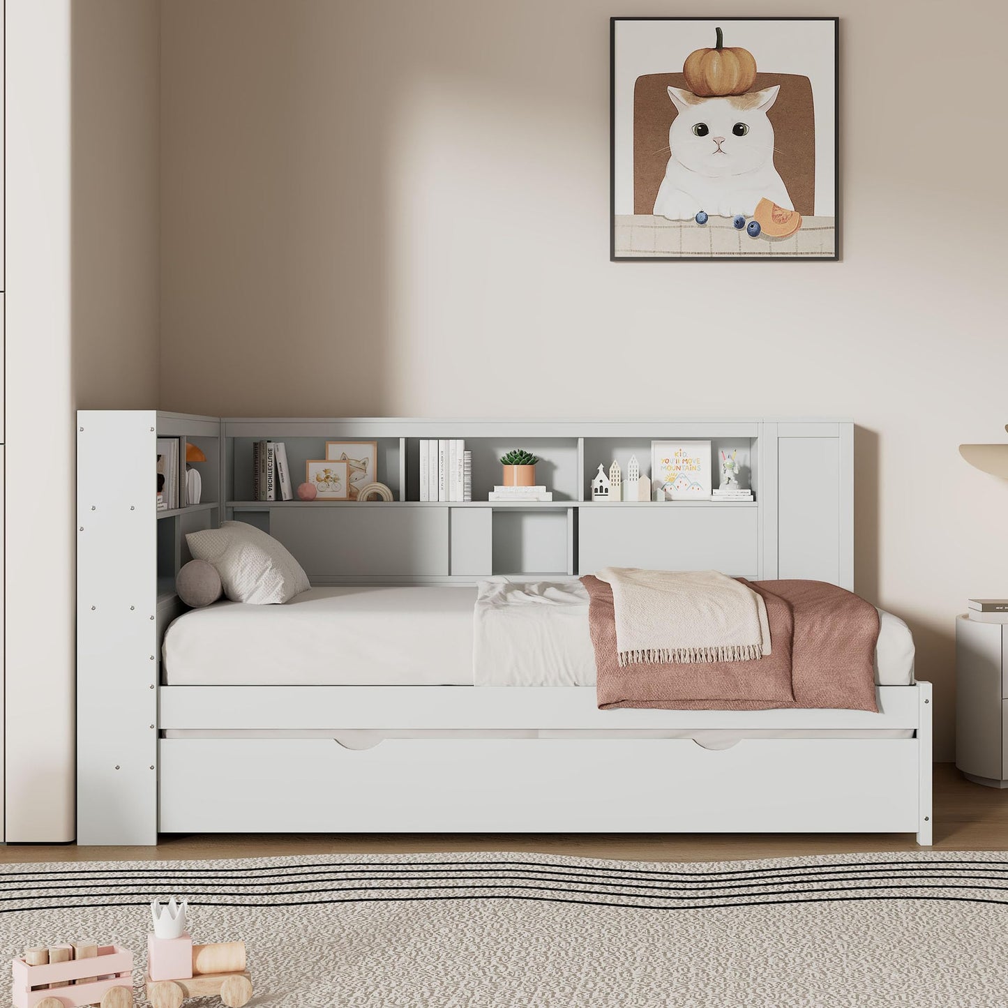 Merax Twin Size Modern Upholstered Platform Bed with USB Ports & Trundle Bed, Floor Daybed with Wood Slat Support, Storage Bed Frame with Headboard/Twin, White