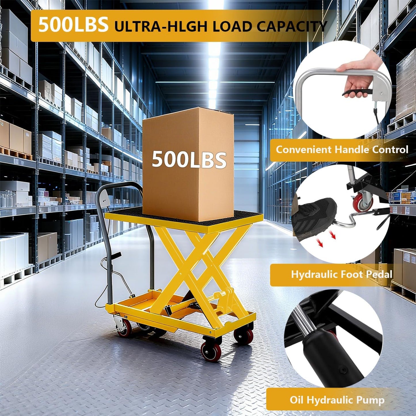 Hydraulic Lift Table Cart - Manual Single Scissor Lift Table, 500 Lbs Capacity & 28.5 Inch Lifting Height, Locking Wheels, Non-Slip Pad for Material Handling and Transportation (Yellow)