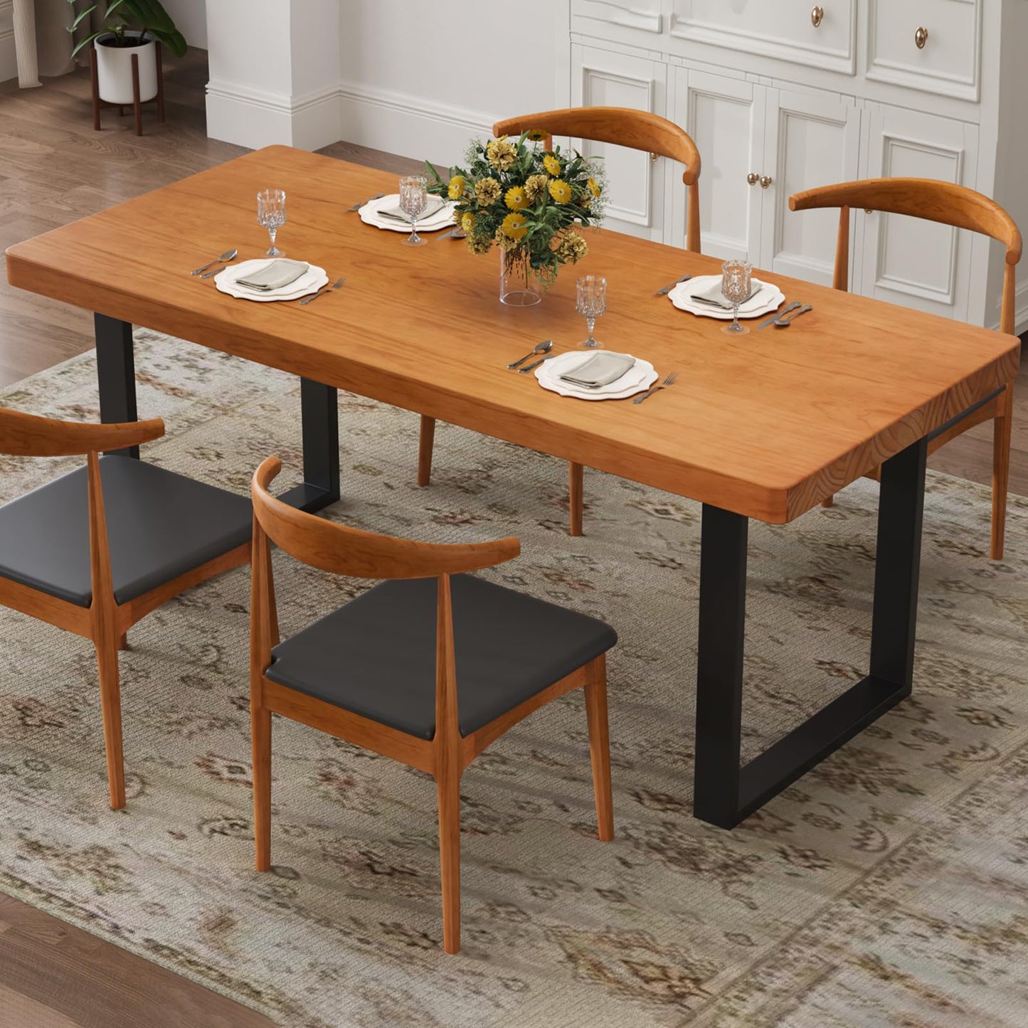 quanzhoulong Stylish Modern Minimalist Solid Wood Dining Table with Sturdy Metal Base – Easy Assembly, Versatile Design for Dining Rooms, Living Rooms, and Offices
