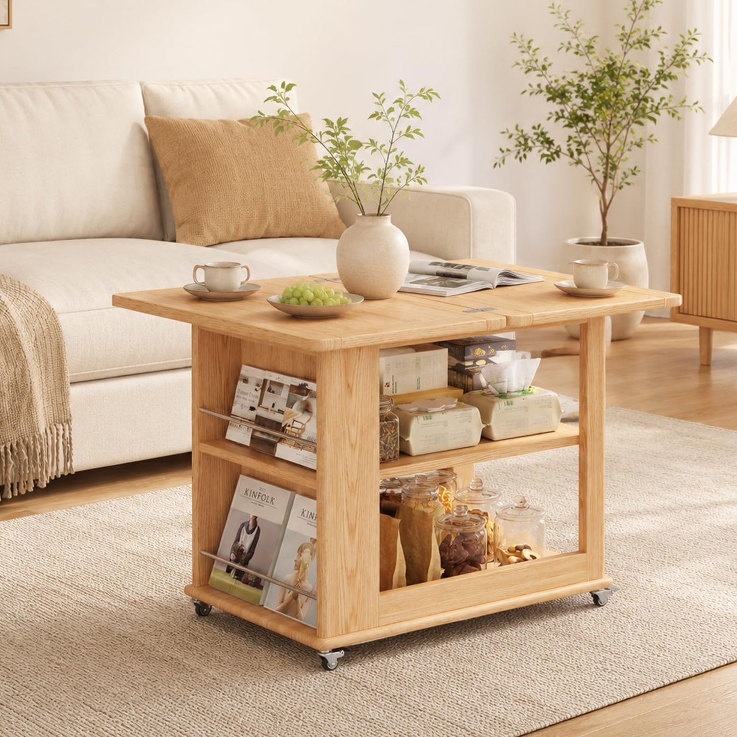 YQJJGL Expandable Coffee Table with Hidden Storage and Wheels, Convertible Wood Center Table with 2-Tier Adjustable Shelves, Rolling Coffee Table for Living Room, Small Spaces,Natural