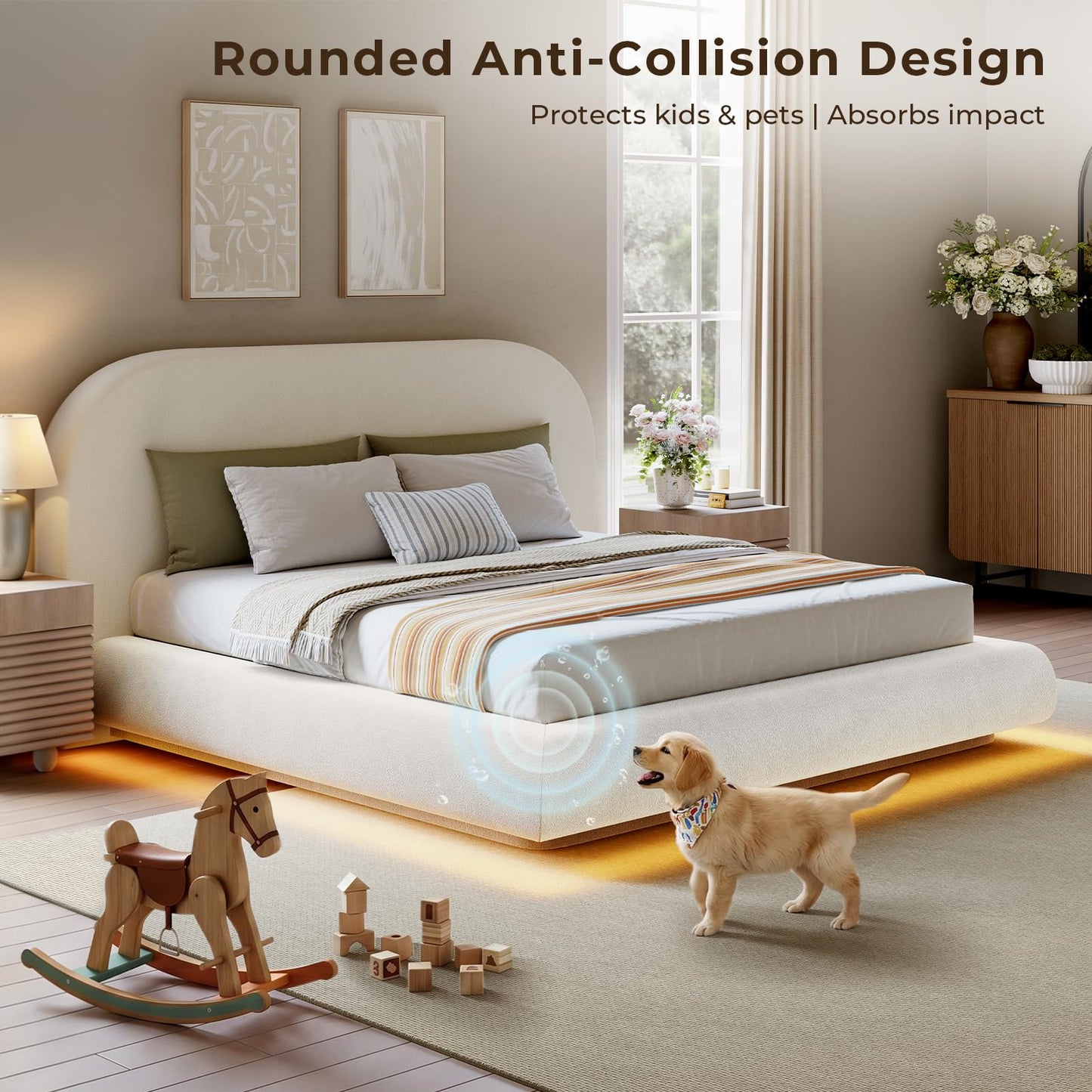 Hizyrina King Size Floating Cloud Bed Frame with 5" Thick Headboard & RGB LED Lights, Upholstered Platform Bed, Soft Rounded Corner, Metal Slat Support, Noise-Free, No Box Spring Needed, Beige