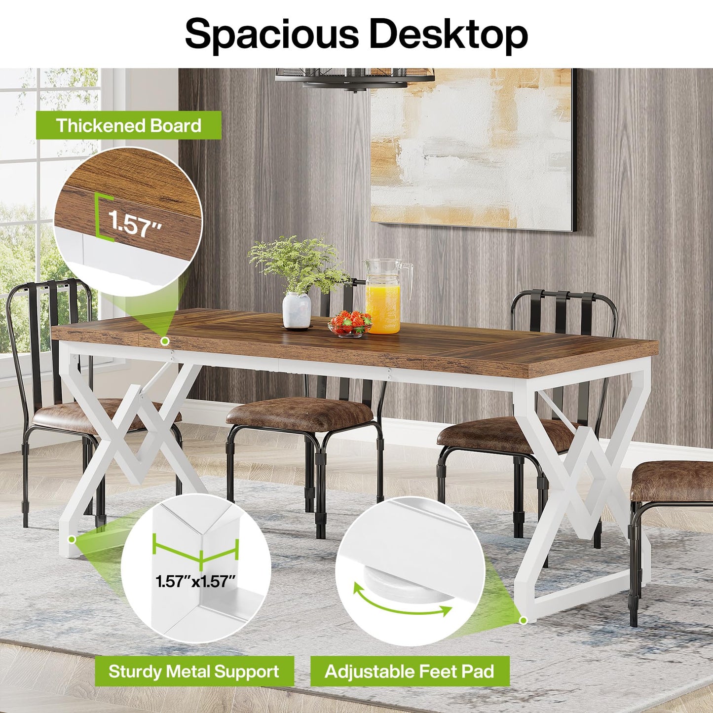 Tribesigns 63 Inch Executive Desk, Large Office Desk with Metal Frame, Ergonomic Writing Desk Computer Workstation, Modern Wood Computer Desk for Home Office, Easy Assembly (Brown+White)