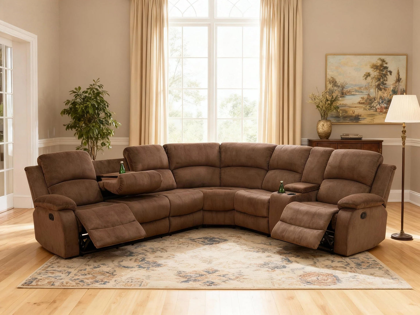Trygoal Reclining Sectional Sofa Set, L-Shaped Sectional Couch for Living Room, Home Theater Seating with Cup Holders, Modern Intelligent Recliner Sofa, Brown