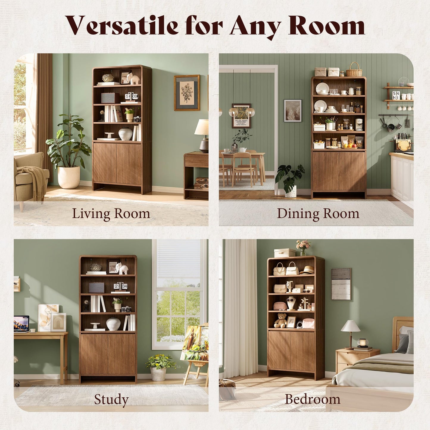 AMERLIFE 71“ Modern Bookcase with Storage Cabinets, 6-Tier Wood Bookshelf with Doors & Adjustable Shelves, Curved Design Display Cabinet for Living Room, Bedroom, or Home Office, Rustic Brown