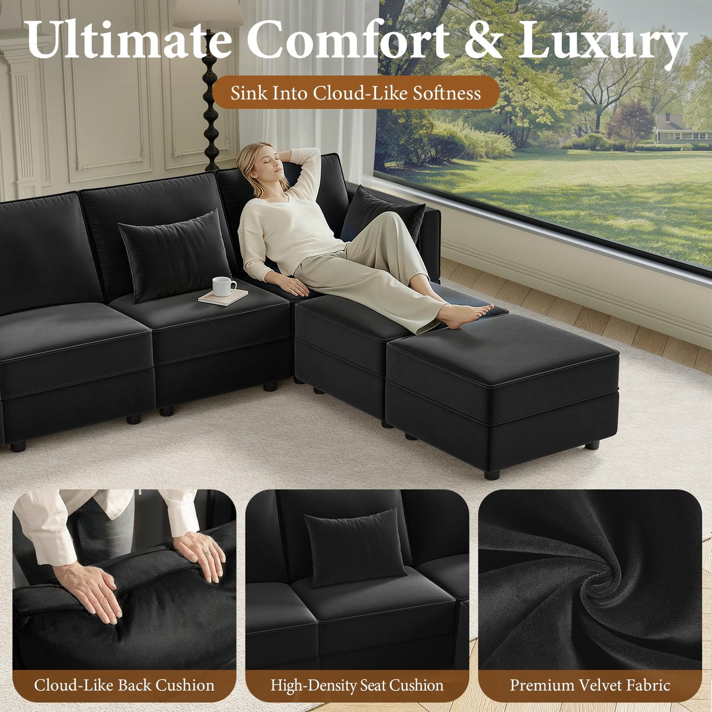 Vesgantti Sectional Sleeper Sofas with Storage, 118" Sofa Bed with 8 Seats Storage Chaises Removable Cover, Deep Seat Modular Couches Velvet Couch Set for Living Room, Apartment, Home Theater, Black