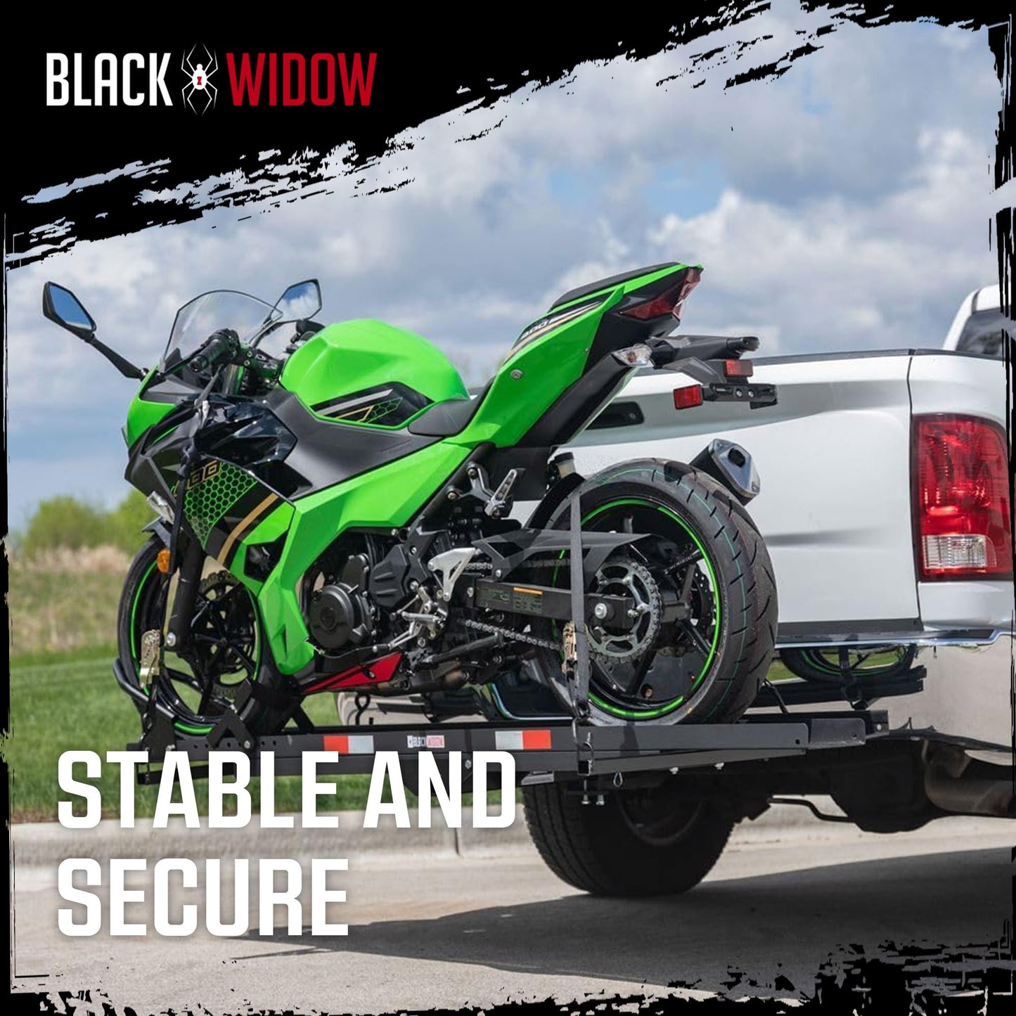 Black Widow Steel Motorcycle Carrier with Ramp for 2-Inch Receiver, 600 lb Capacity - Hitch-Mounted Dirt Bike and Scooter Hauler with Grit-Coated Track and Anti-Rattle Device for SUVs and Trucks