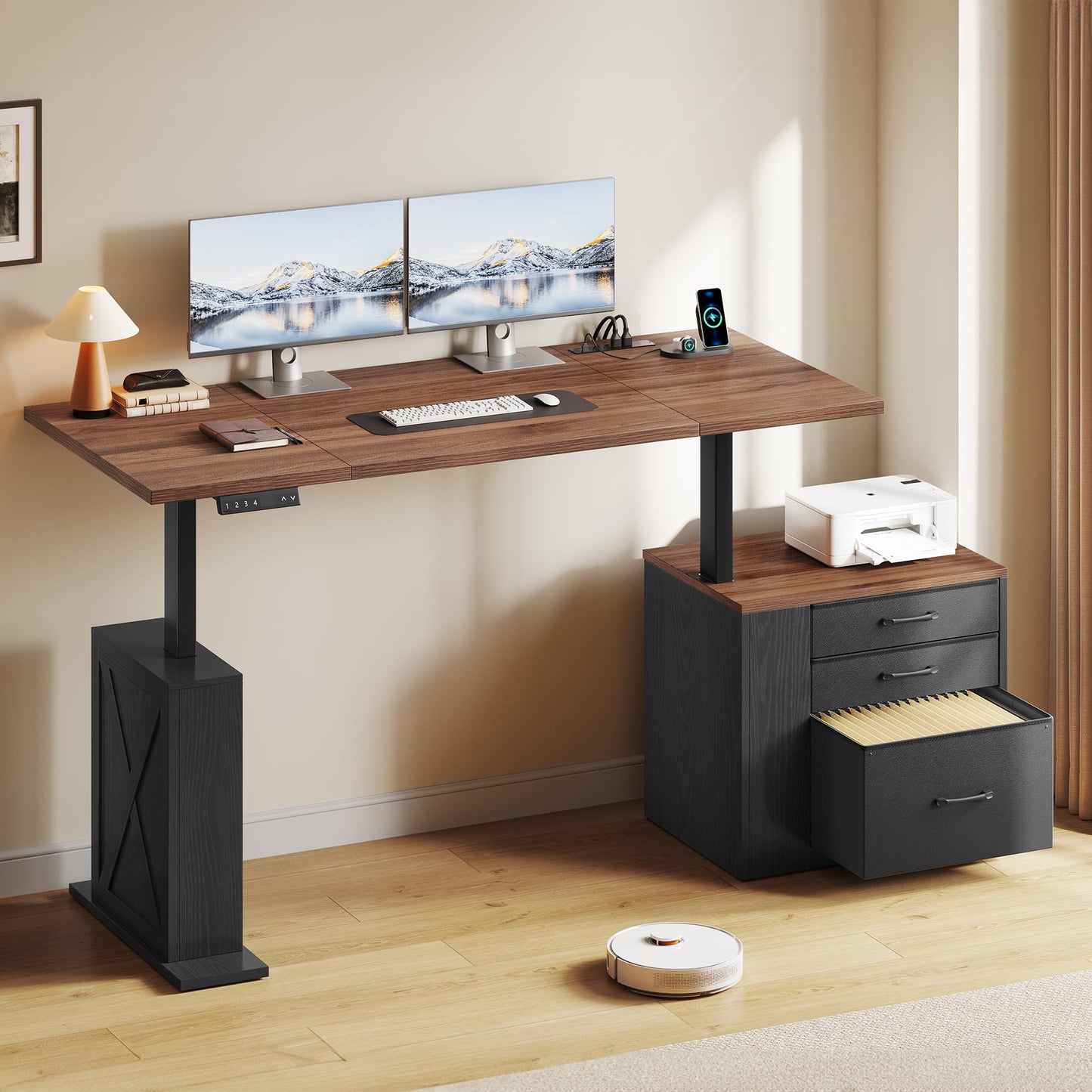 Homiflex 75.5 Inches Electric Standing Desk with Drawers Farmhouse Sit Stand Desk with Storage Adjustable Height Computer Desk with Power Outlets Printer Space for Home Office Black and Walnut