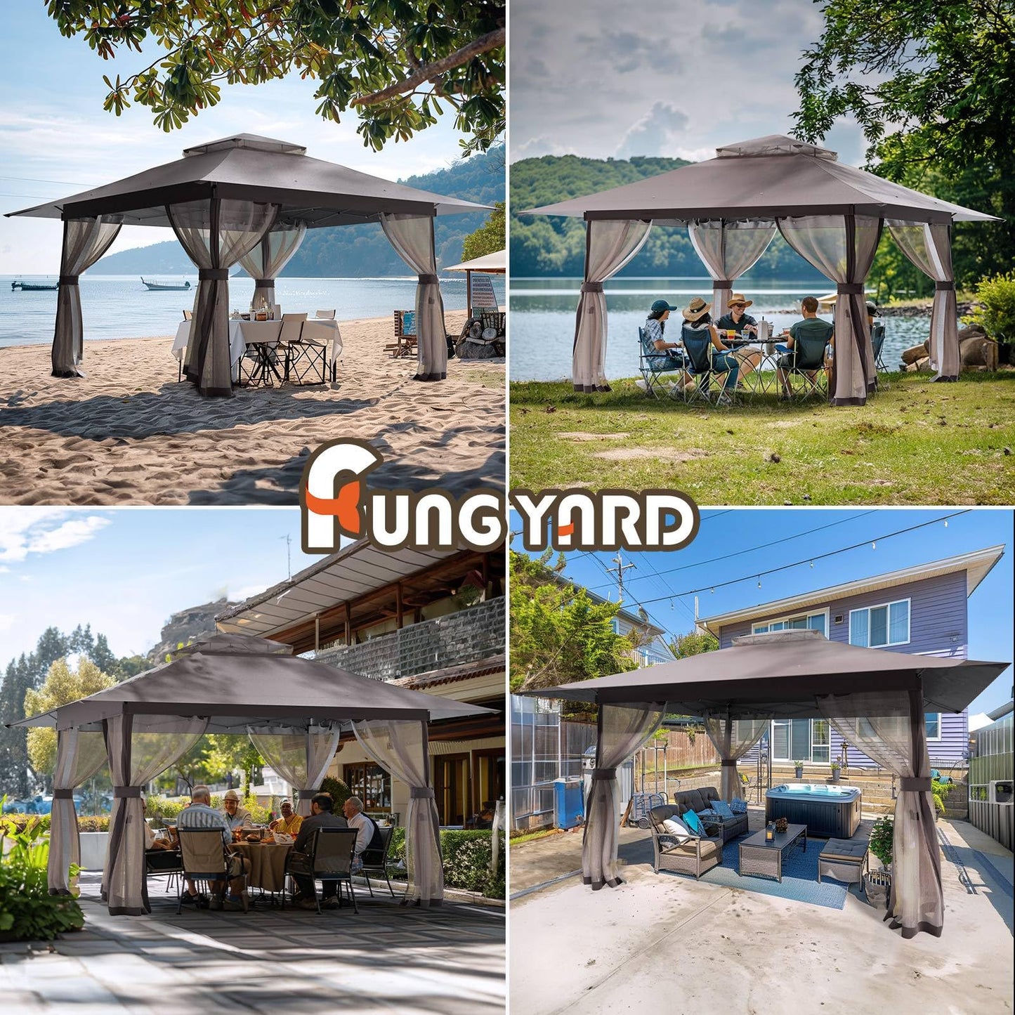 13x13 Outdoor Patio Gazebo with Mosquito Nettings - Double Roof Pop Up Canopy Tent with Wheeled Carry Bag, for Backyard Deck Lawns Garden (Brown, 13X13)