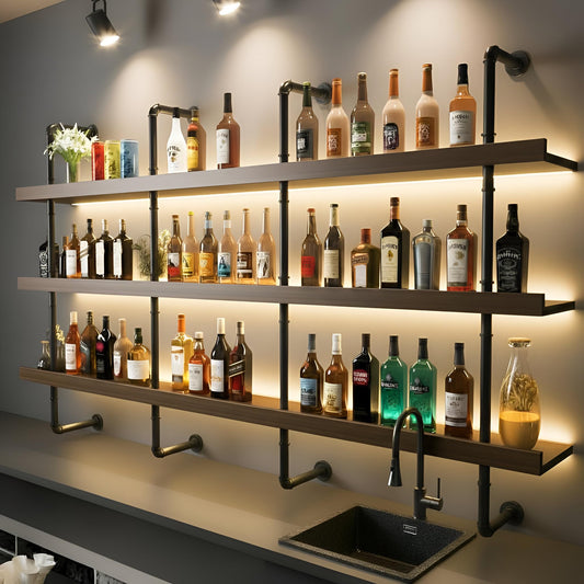 59-inch Modern Wall-Mounted Wine Rack with LED Lights, 3-Tier Liquor Bottle Bar Display Shelf, Industrial Wine Rack Floating Bar Shelf, Multifunctional Wine Storage Rack for Home Bar, Kitchen, Cafe