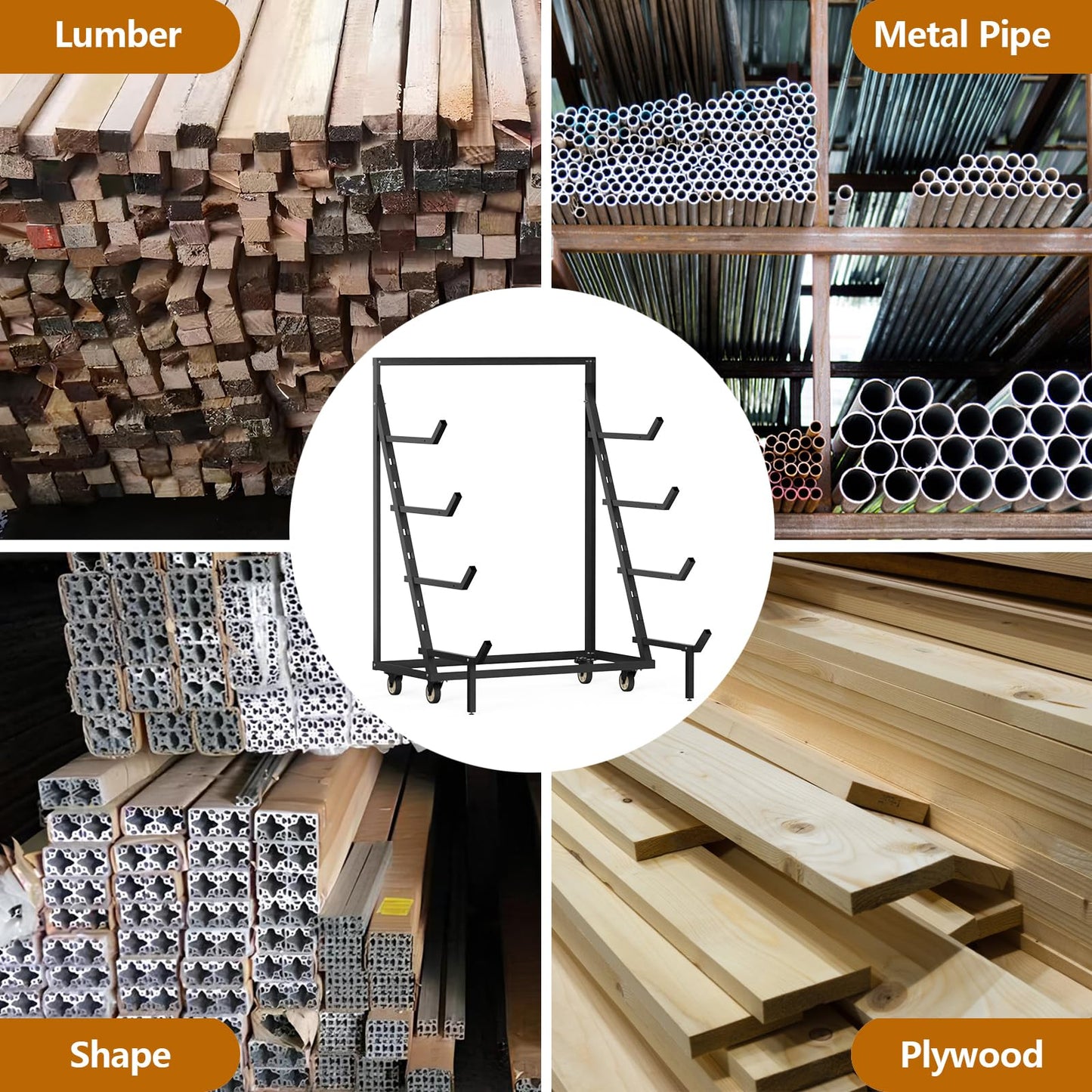4 Tier Pipe And Lumber Storage Rack - Heavy Duty Pipe Rack With 4IN Swivel Casters And Adjustable Support Bar Weight Capacity Up To 1200LBS, Plywood Storage Shelf For Garage, Workshop And Warehouse