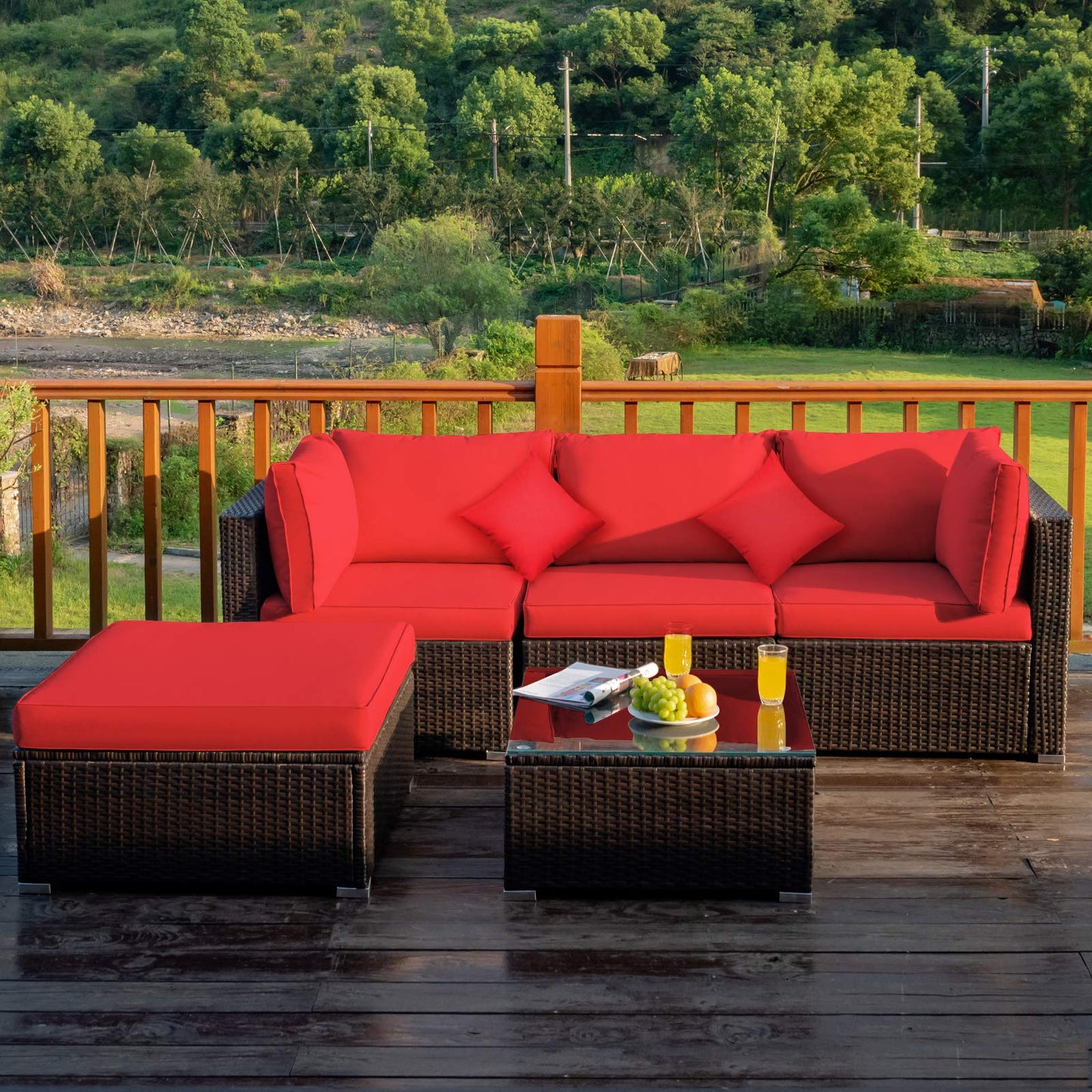 Tangkula 5 Pieces Patio Rattan Furniture Set, Outdoor Sectional Rattan Sofa Set with Back & Seat Cushions, Wicker Conversation Set with Tempered Glass Table for Backyard Porch Poolside (Red)