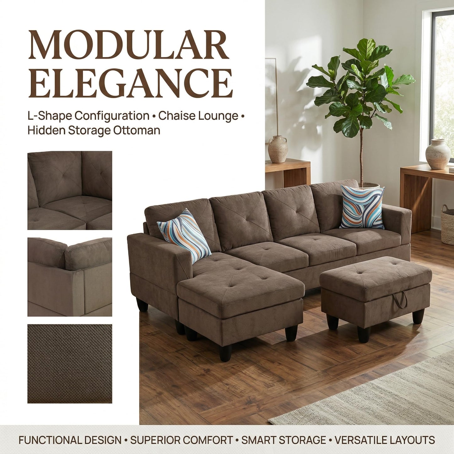 NicBex Sectional Couch 3 Pieces Sofa Set, L-Shaped Modular Couches for Living Room, Furniture Sets with Lounge Chaise & Storage Ottoman, Multi-Scene Use for Apartment & Office, Brown