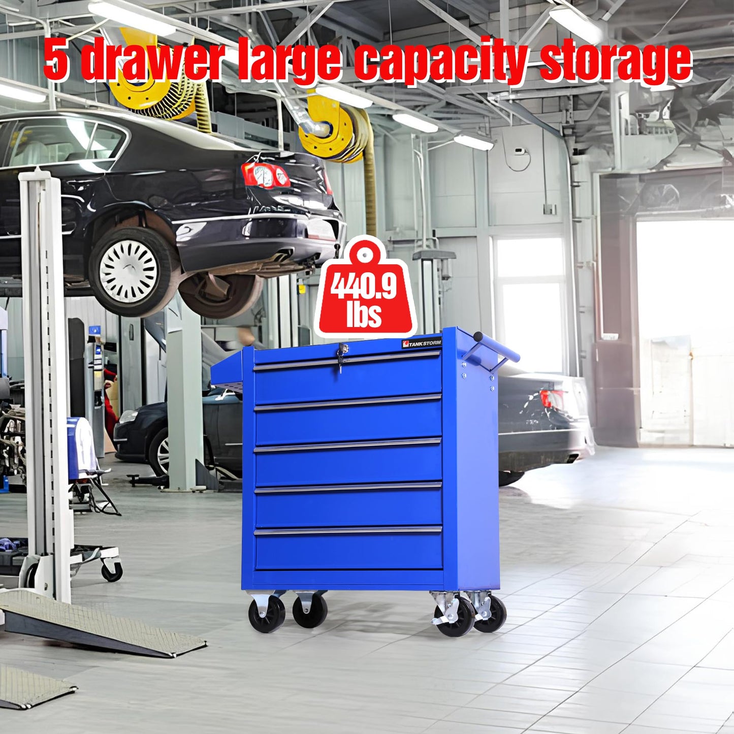 TANKSTORM 5-Drawer Rolling Tool Chest with Wheels, Heavy Duty Metal Tool Cabinet with Lock, Rolling Tool Box Organizer for Garage, Workshop, Repair Shop, Blue
