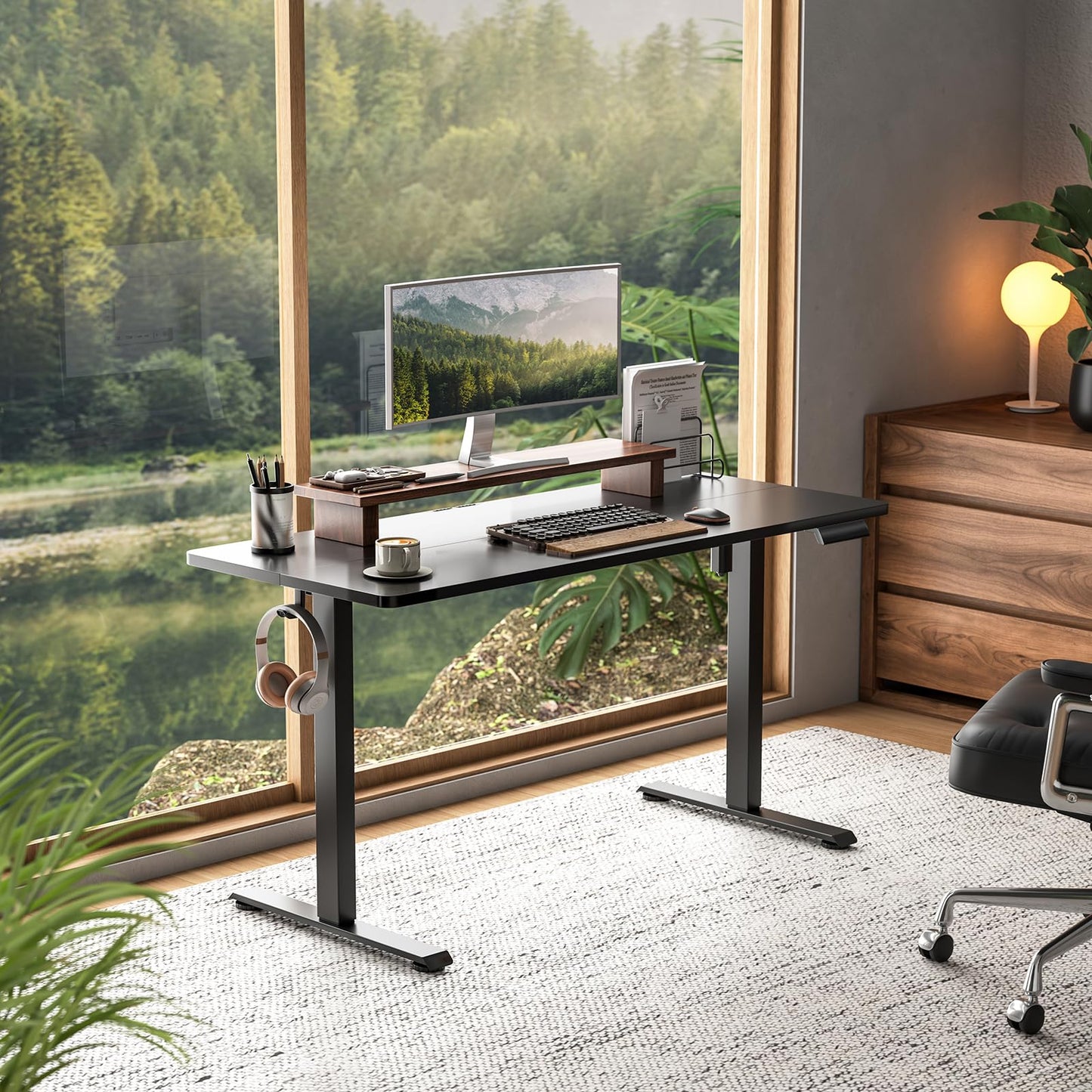 Veken 63x23.6 Inch Large Electric Standing Desk, Heights Adjustable,Sit to Stand Up, Work Home Office Computer Table for Walking Pad, Wooden Desktop Desks, Black