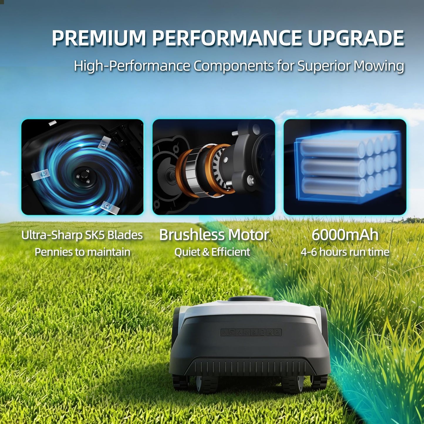 Lawn Mower, Visual+RTK Navigation, Works Under Trees, No Wire, Covers Up to 1/4 Acre, Robotic Mower with Auto Mapping & 6000mAh high-Capacity Battery