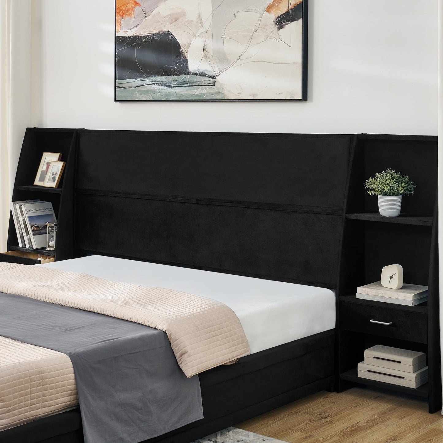 KEIKI King Size Velvet Platform Bed Frame with 2 Built-in Storage Nightstands & Shelves, Oversized Headboard Upholstered Bedroom Bed Set, Wood Floor Grounded Bed, Modern, No Box Spring Needed, Black