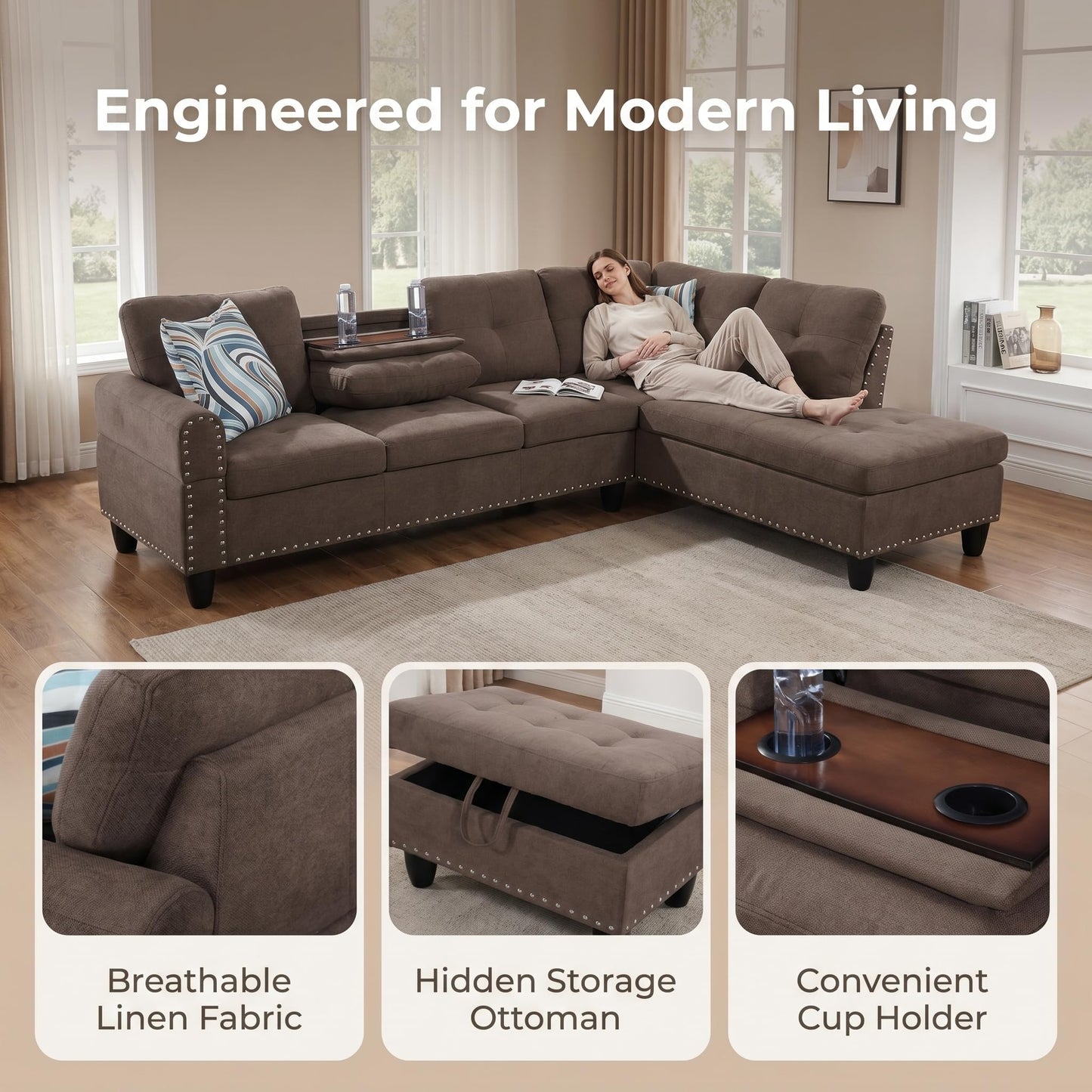 Trygoal 97.5" Linen L Shaped Couch with Right Chaise & Cup Holder, Sectional Sofas Modular Furniture Set with Storage Ottoman, Convertible Couches for Living Room, Small Space & Office (Brown)