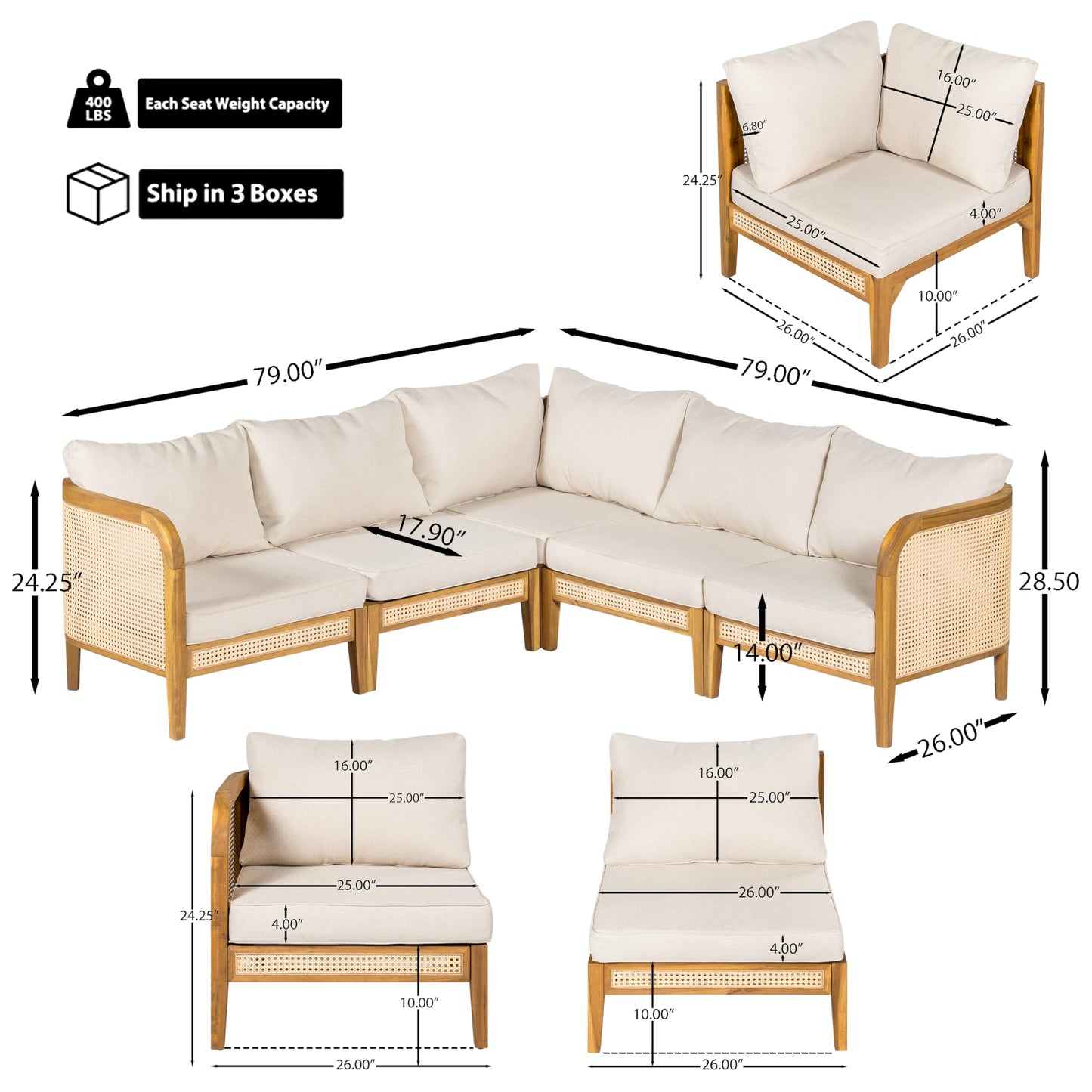 Merax 5 Piece Patio Outdoor Furniture Set, All-Weather Rattan Wicker L-Shaped Sectional Sofa w/Cushions, Acacia Wood 5-Seater Couch Set for Porch, Lawn, Backyard, Balcony, Teak+ Beige