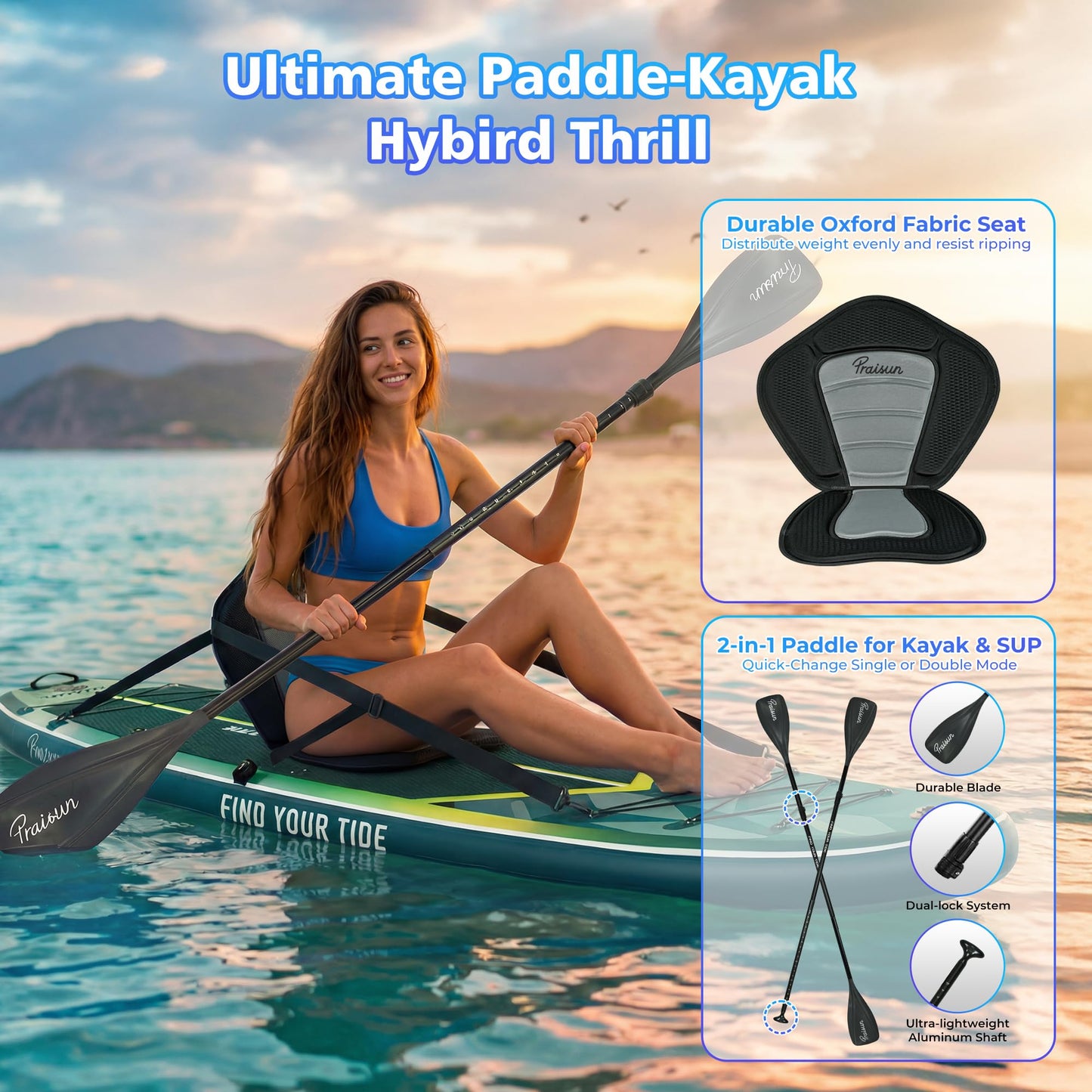 PRAISUN 12’ x 35” Inflatable Paddle Board, 450lbs Extra Wide Stand Up Paddleboard for Youth/Adults of All Skill Levels, Stable SUP with Seat & Full Kit, for Fishing, Yoga, Lake & Ocean, Green