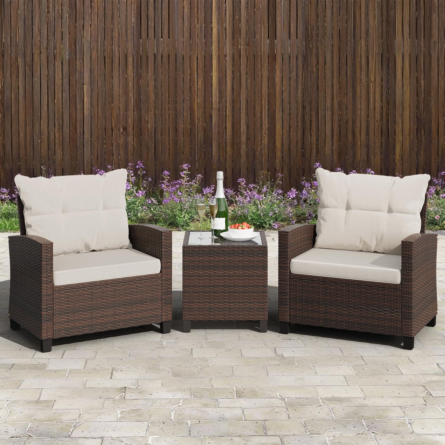 Shintenchi 3 Pieces Patio Furniture Set, PE Rattan Wicker 3 Pcs Patio Set, Outdoor Furniture Set with Two Outdoor Chairs and Table, Conversation Set for Garden, Poolside, Balcony, and Porch(Beige)
